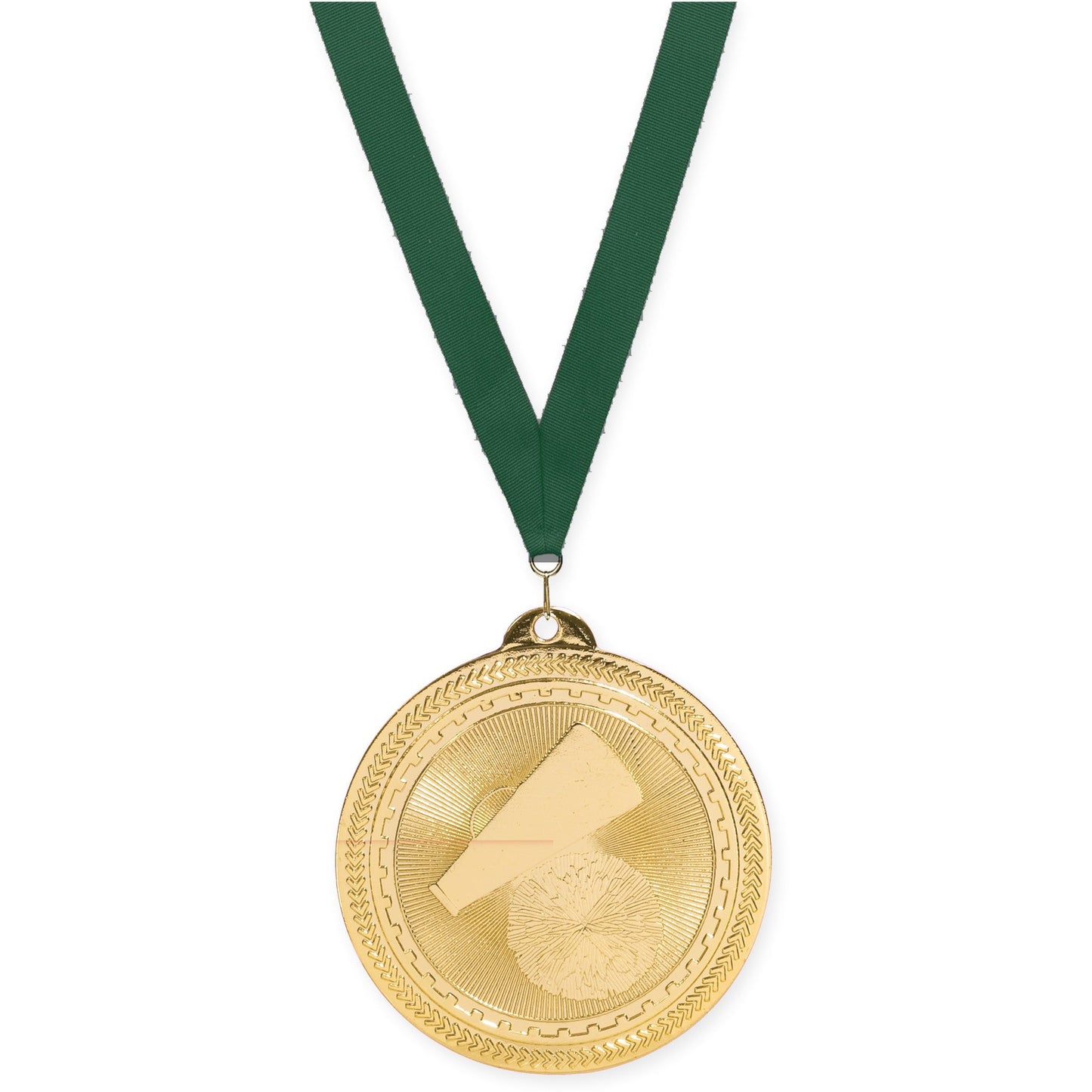 2 inch cheerleading Sunburst medal in bright gold with Hunter Green neck ribbon