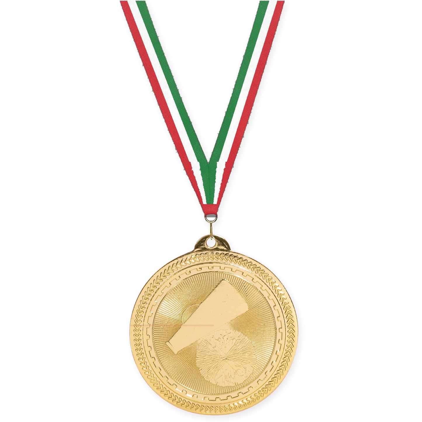 2 inch cheerleading Sunburst medal in bright gold with Red White Green neck ribbon