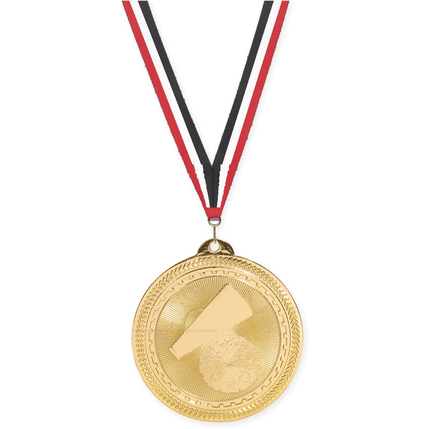 2 inch cheerleading Sunburst medal in bright gold with Red White Black neck ribbon