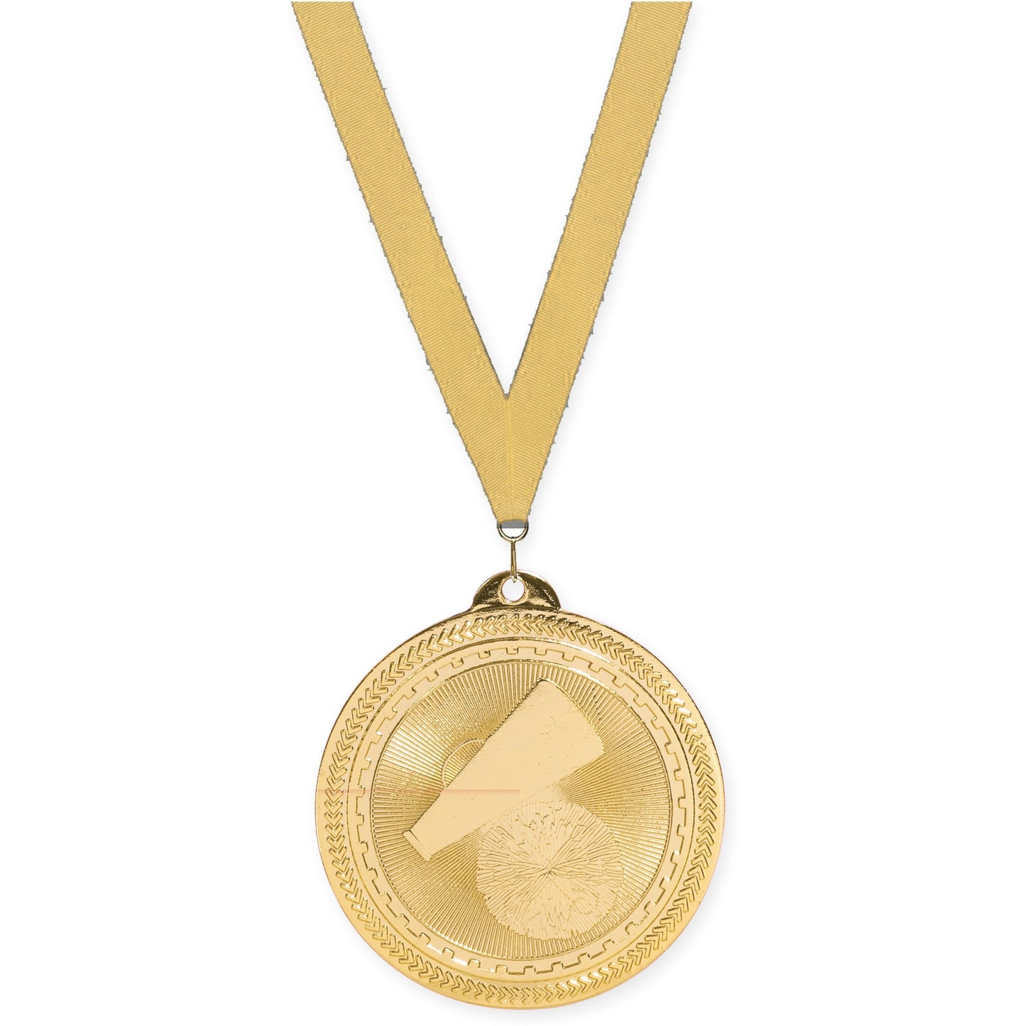 2 inch cheerleading Sunburst medal in bright gold with Gold Metallic neck ribbon