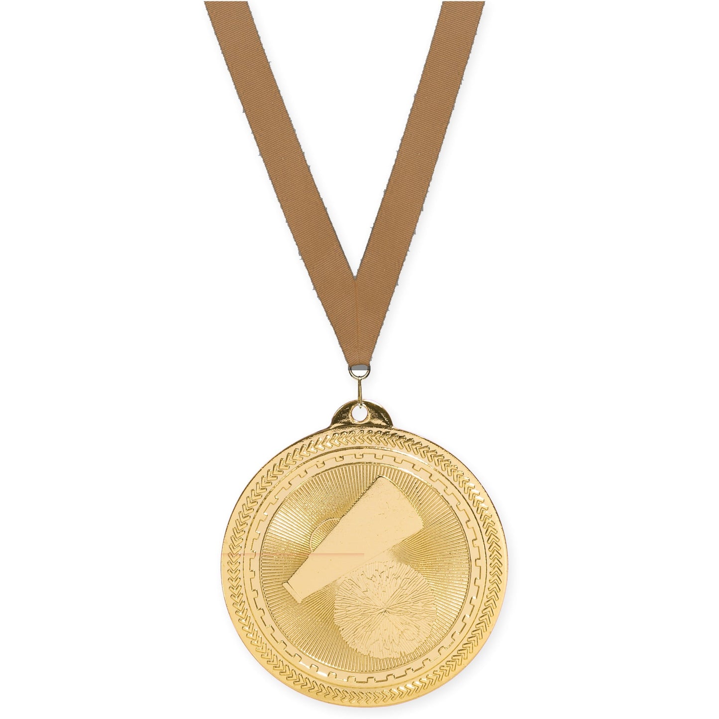 2 inch cheerleading Sunburst medal in bright gold with Bronze Metallic neck ribbon