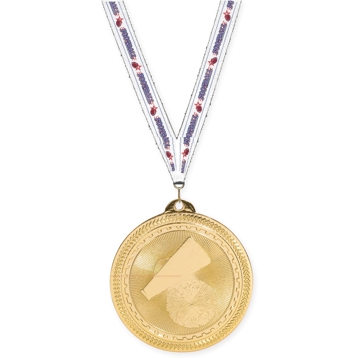 2 inch cheerleading Sunburst medal in bright gold with Football neck ribbon