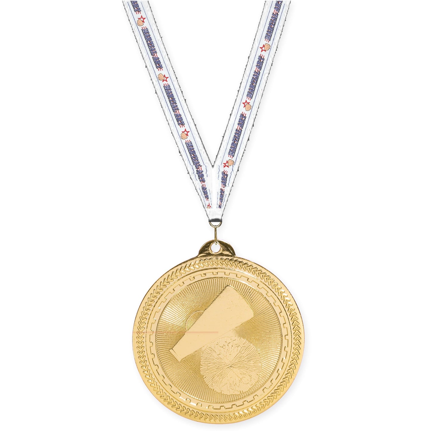 2 inch cheerleading Sunburst medal in bright gold with Martial Arts neck ribbon