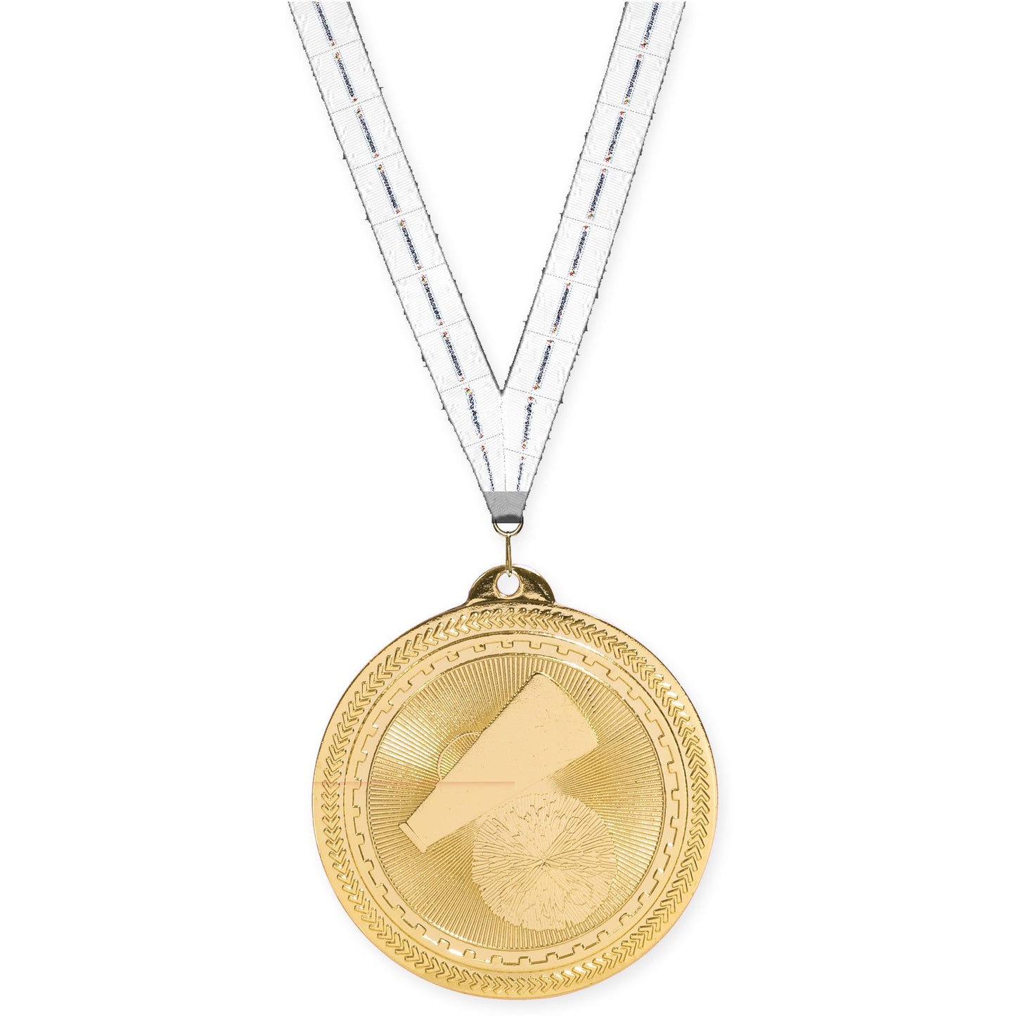 2 inch cheerleading Sunburst medal in bright gold with Lamp Of Knowledge neck ribbon