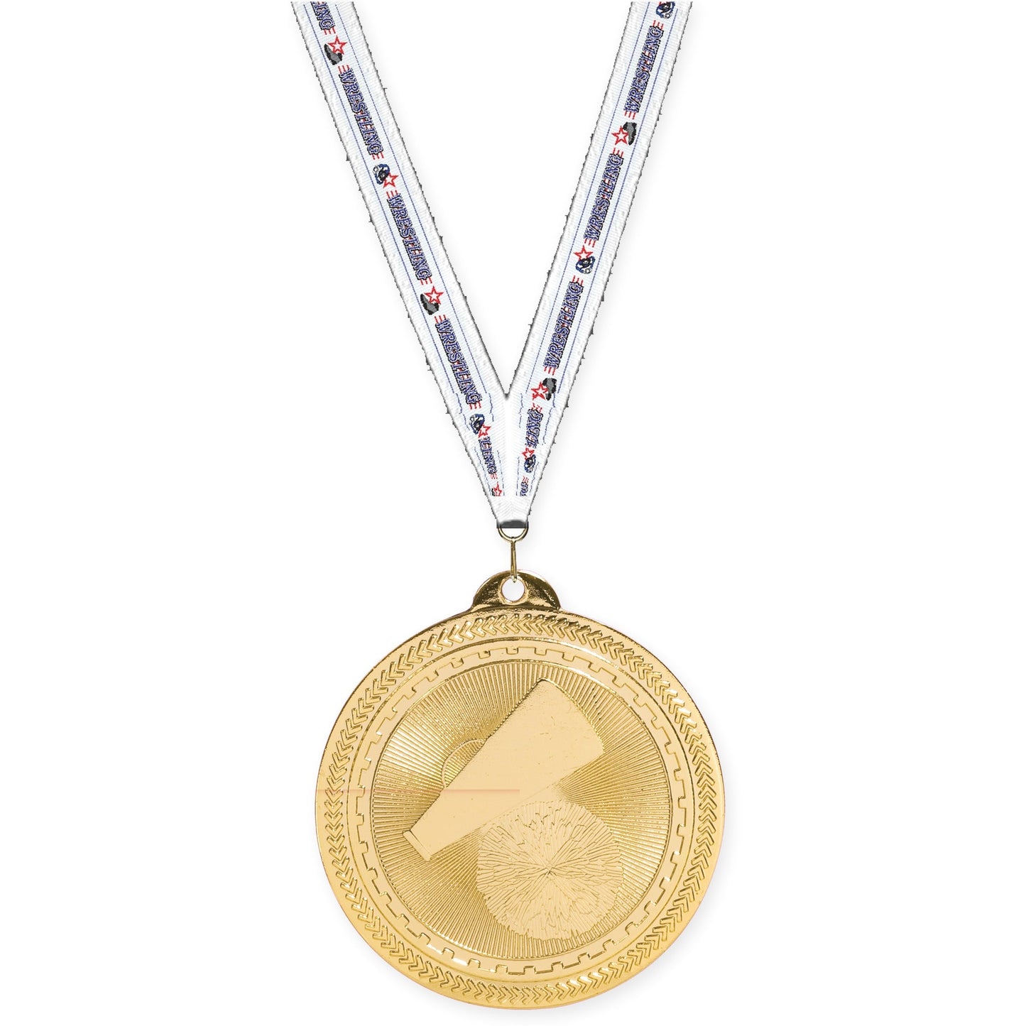 2 inch cheerleading Sunburst medal in bright gold with Wrestling neck ribbon