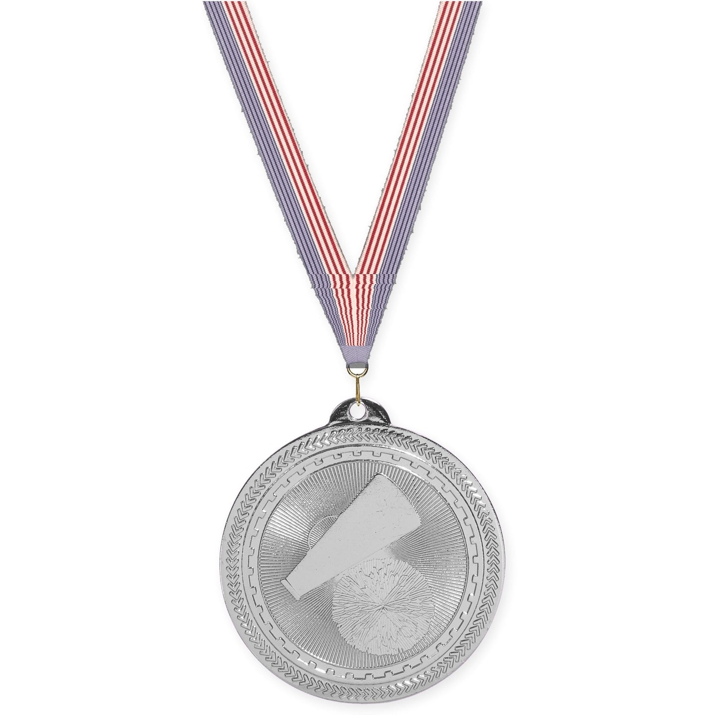 2 inch cheerleading Sunburst medal in bright silver with USA Flag neck ribbon