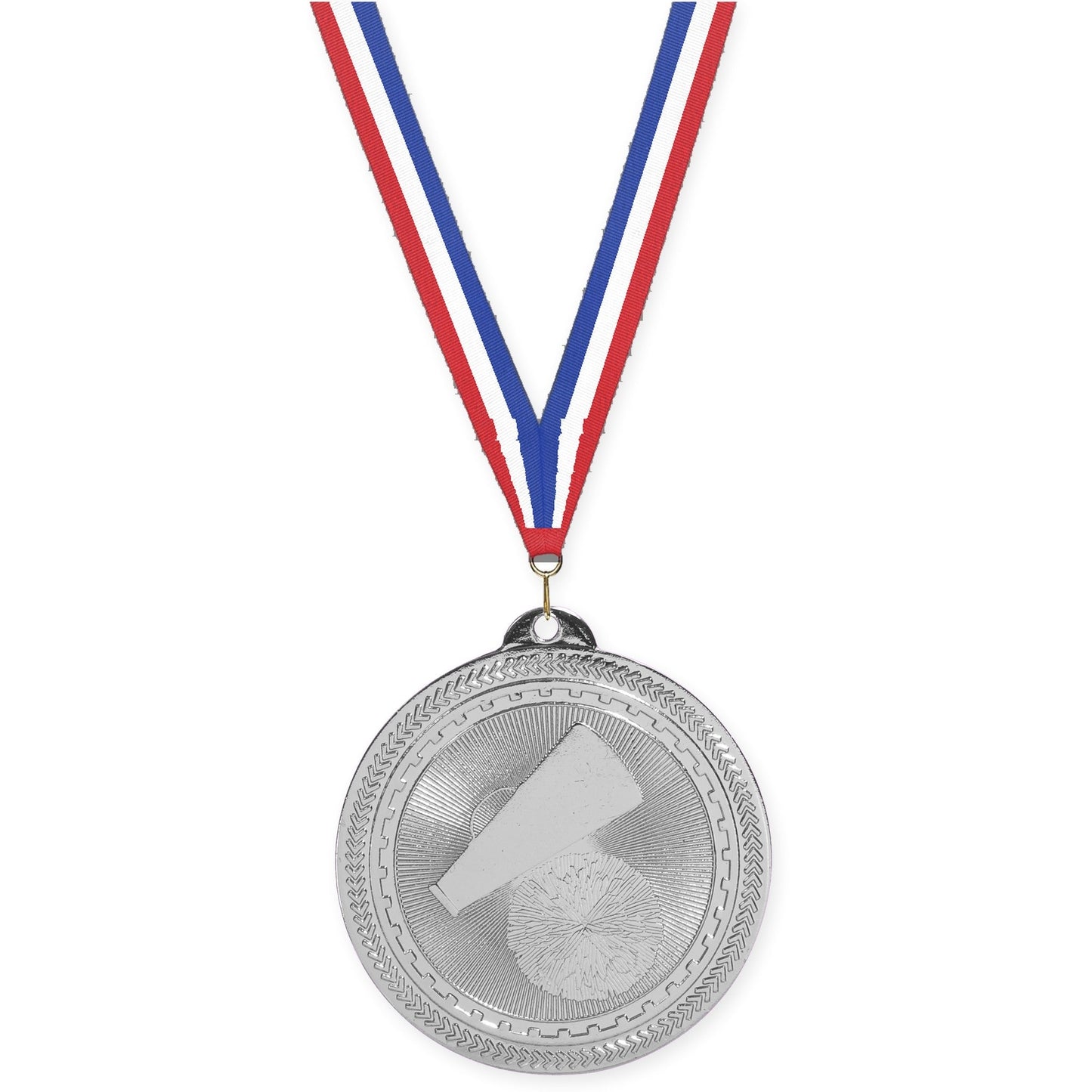 2 inch cheerleading Sunburst medal in bright silver with Red White Blue neck ribbon