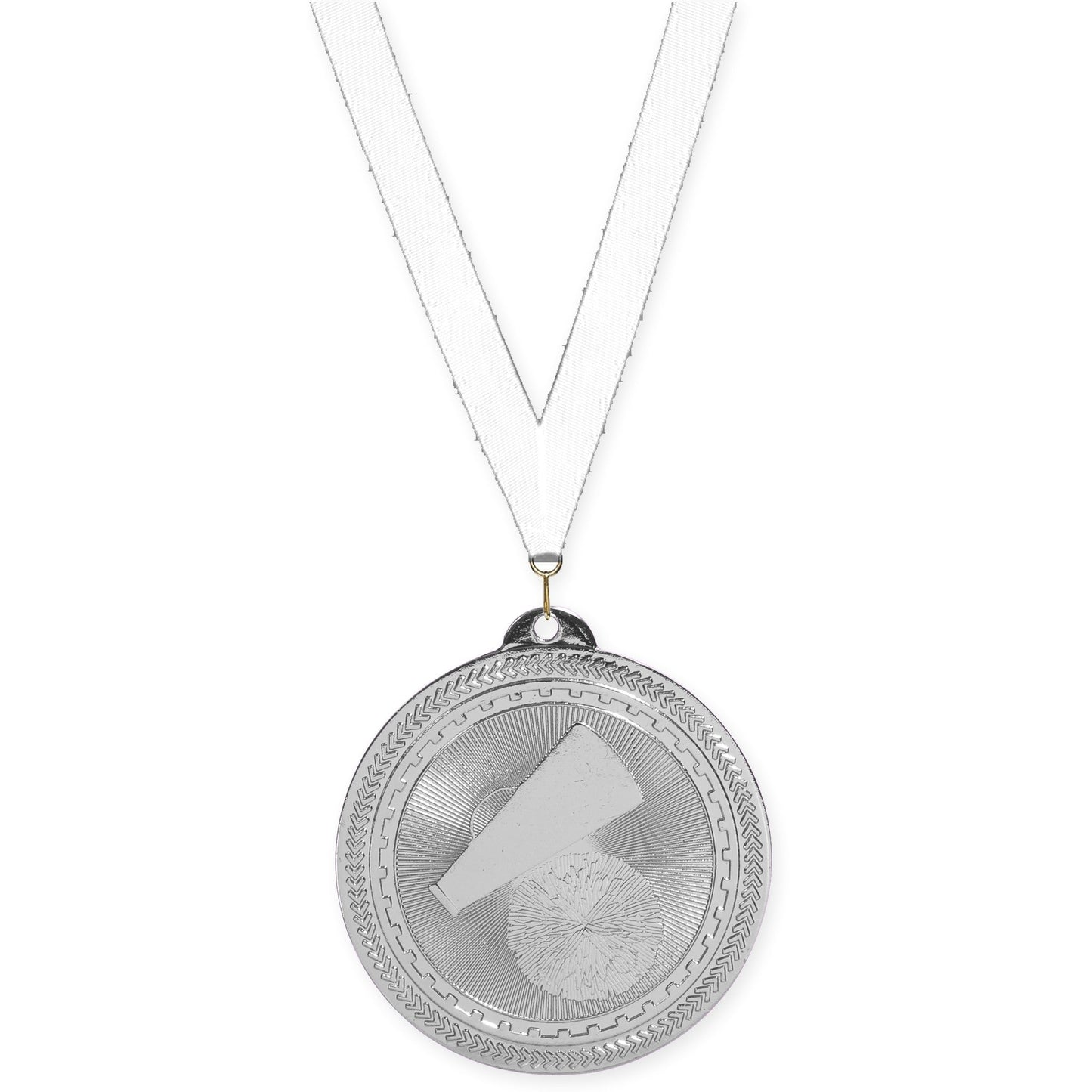 2 inch cheerleading Sunburst medal in bright silver with White neck ribbon