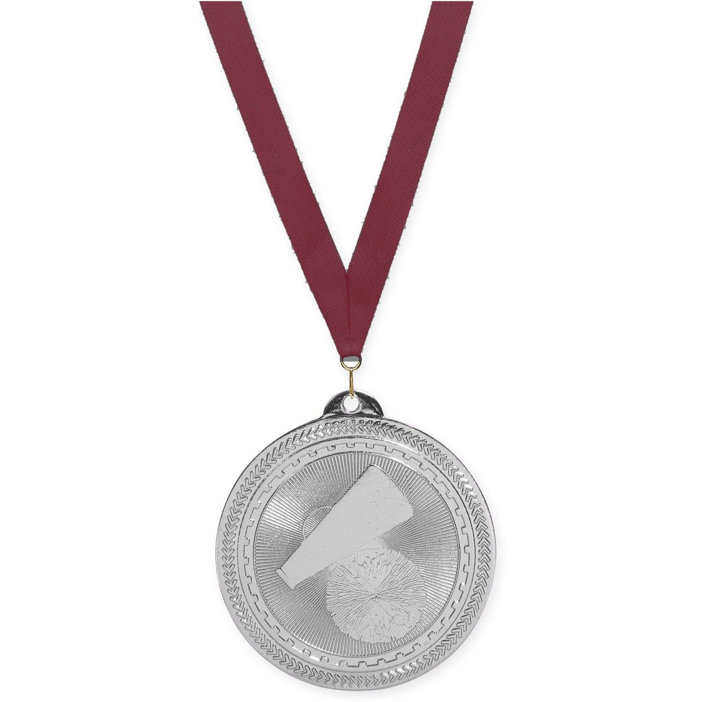 2 inch cheerleading Sunburst medal in bright silver with Maroon neck ribbon