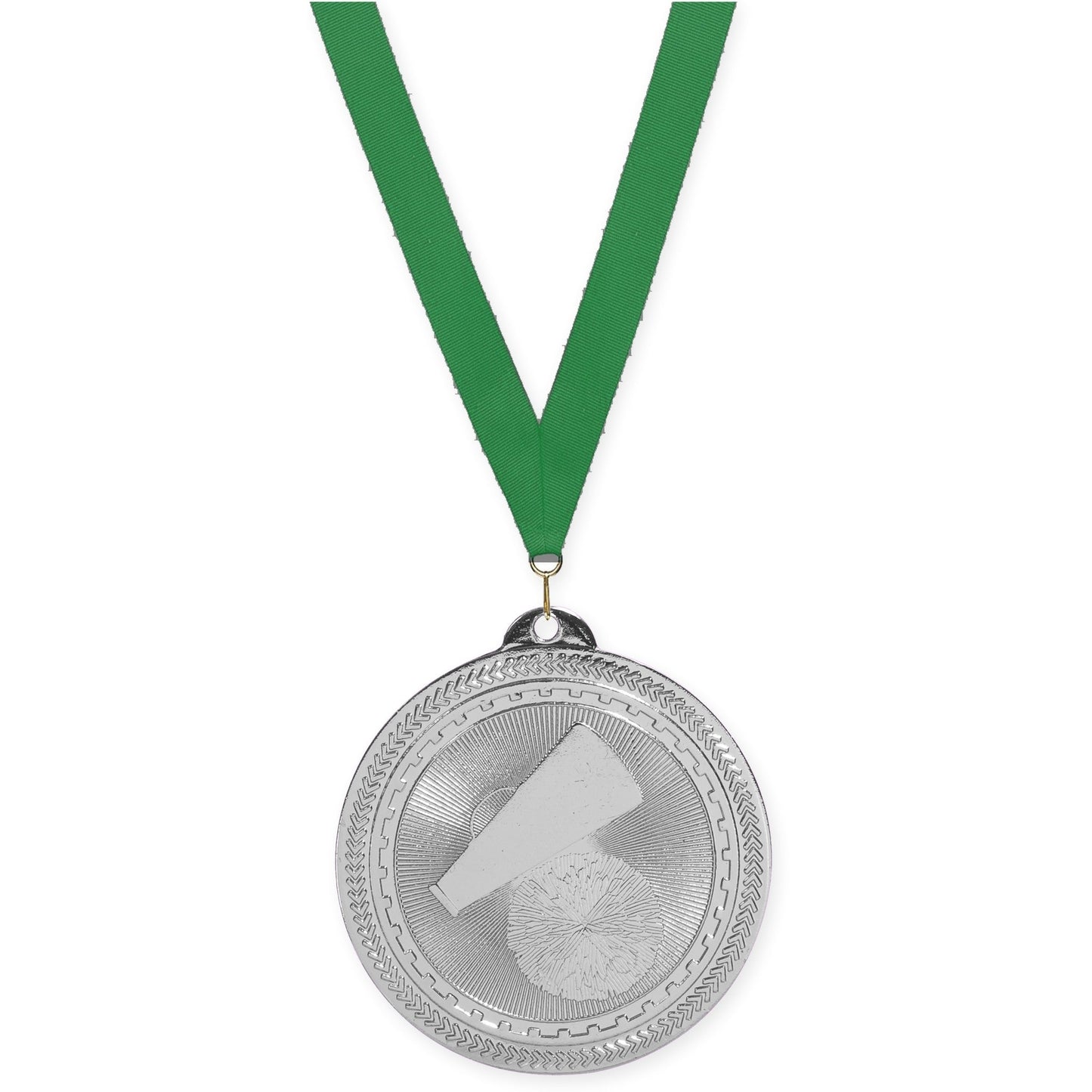 2 inch cheerleading Sunburst medal in bright silver with Green neck ribbon