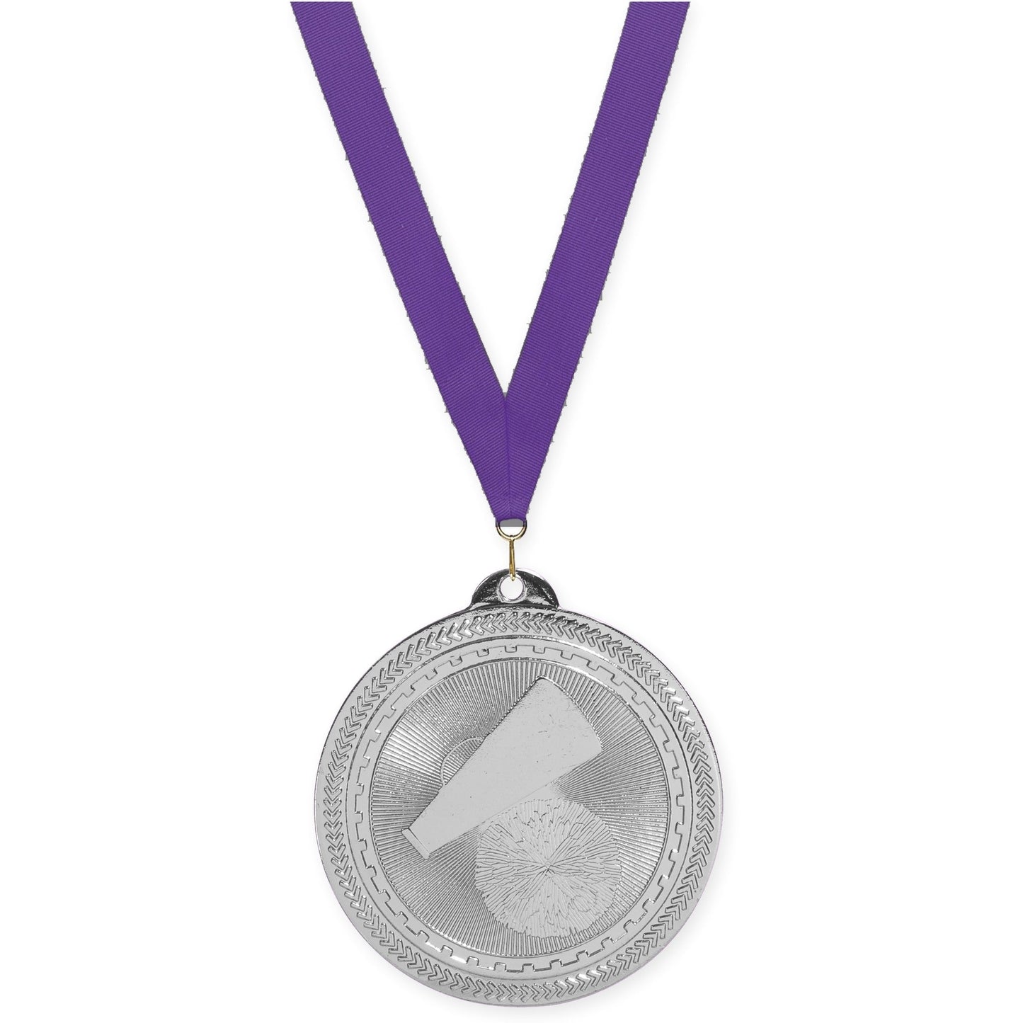2 inch cheerleading Sunburst medal in bright silver with Purple neck ribbon