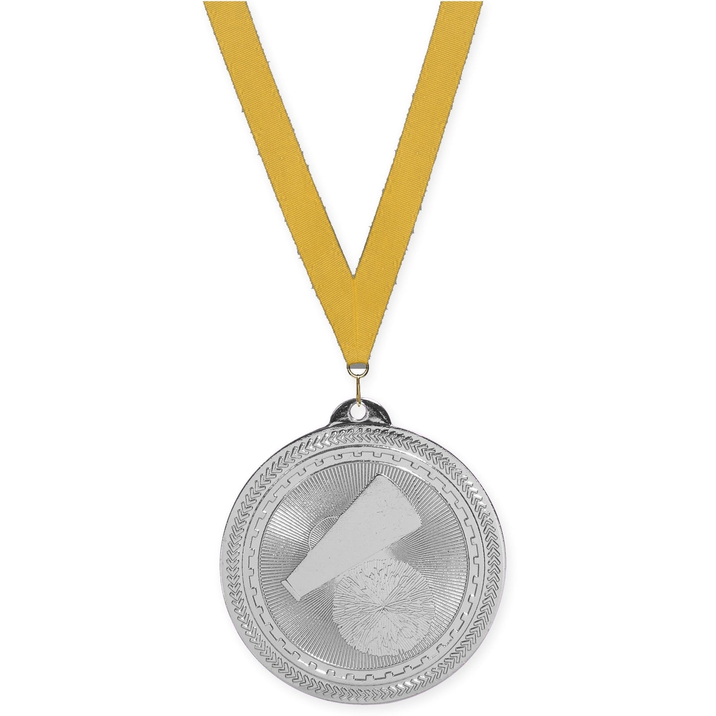 2 inch cheerleading Sunburst medal in bright silver with Gold neck ribbon
