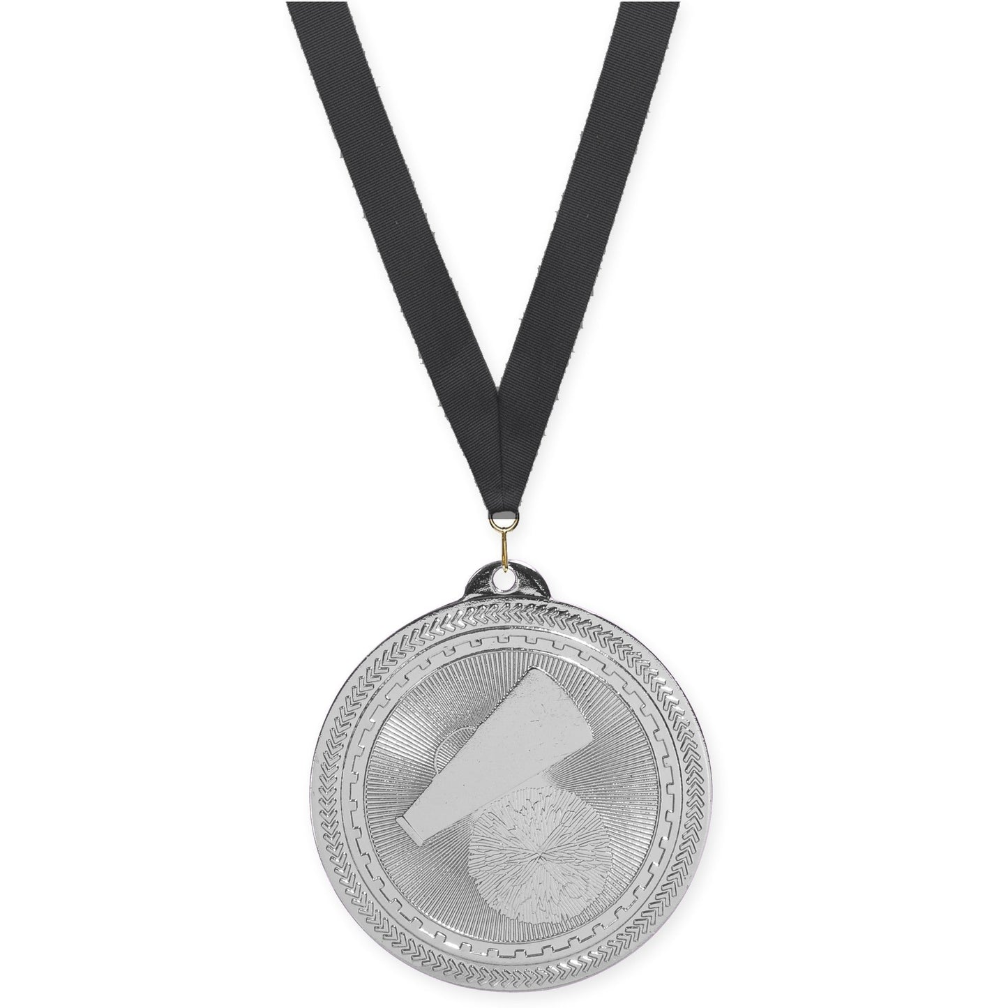 2 inch cheerleading Sunburst medal in bright silver with Black neck ribbon
