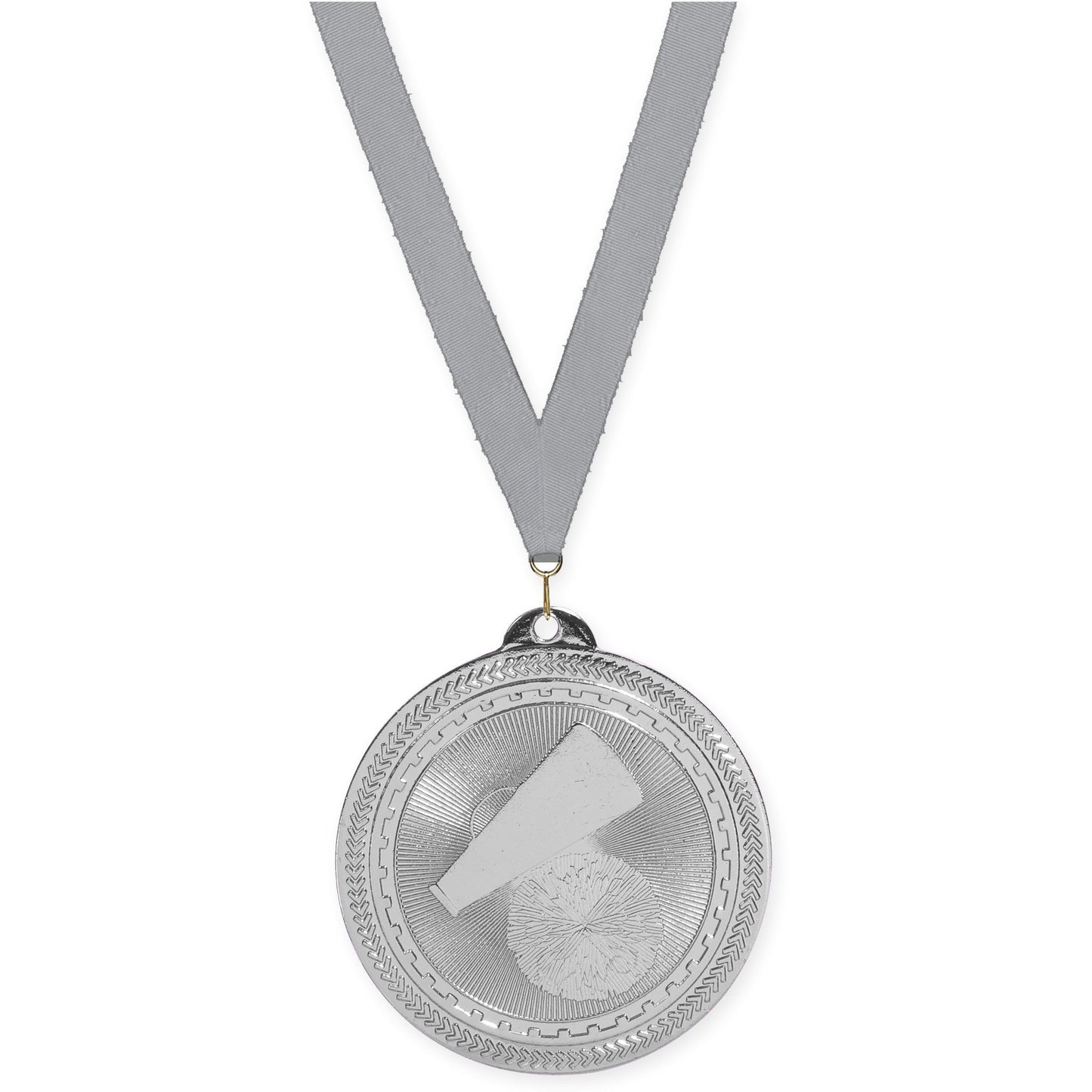 2 inch cheerleading Sunburst medal in bright silver with Gray neck ribbon