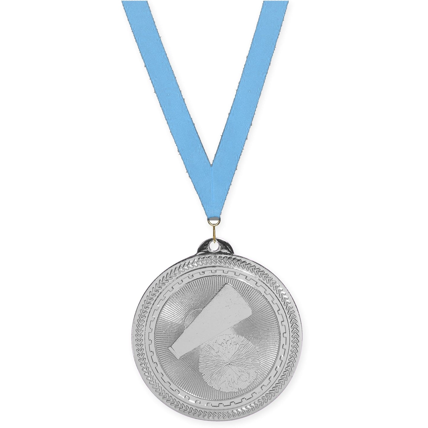 2 inch cheerleading Sunburst medal in bright silver with Light Blue neck ribbon
