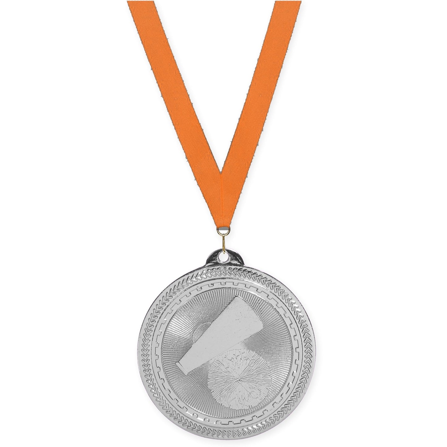 2 inch cheerleading Sunburst medal in bright silver with Orange neck ribbon