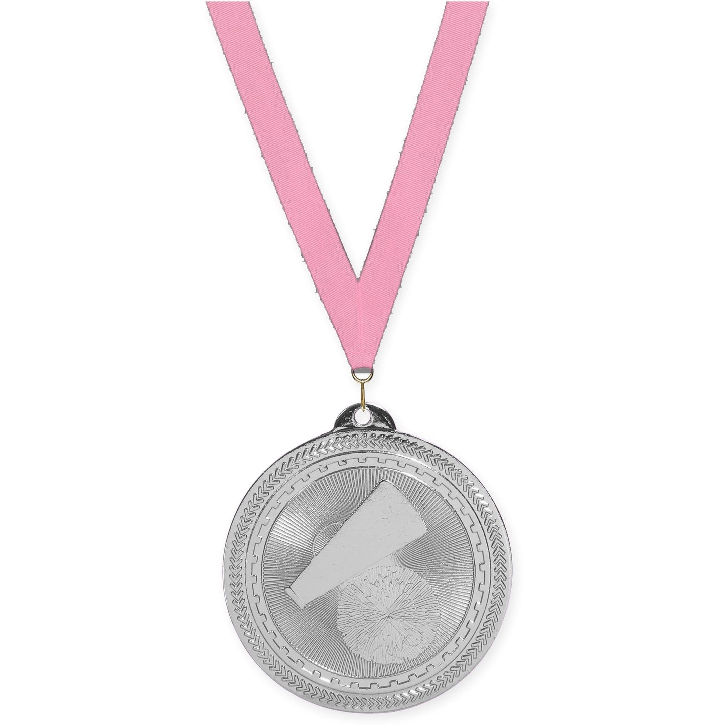 2 inch cheerleading Sunburst medal in bright silver with Pink neck ribbon