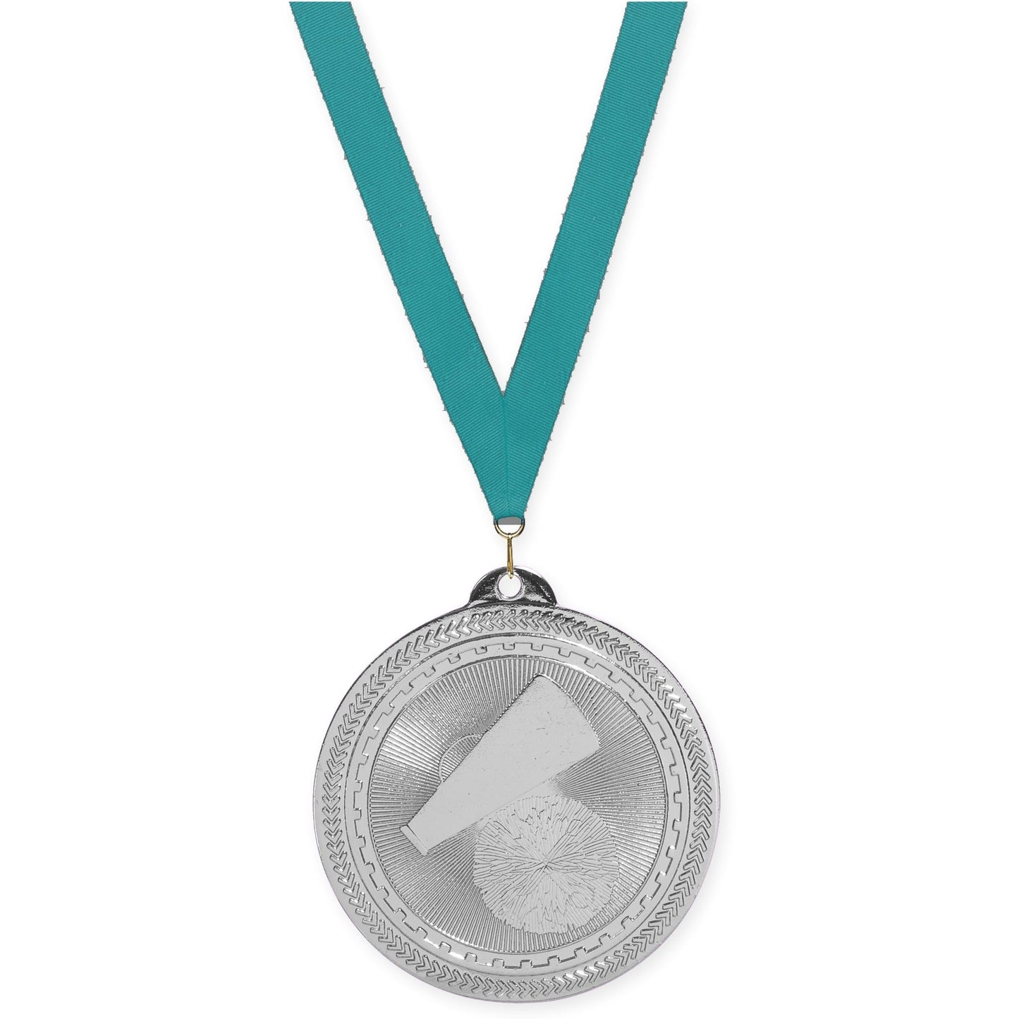 2 inch cheerleading Sunburst medal in bright silver with Teal neck ribbon