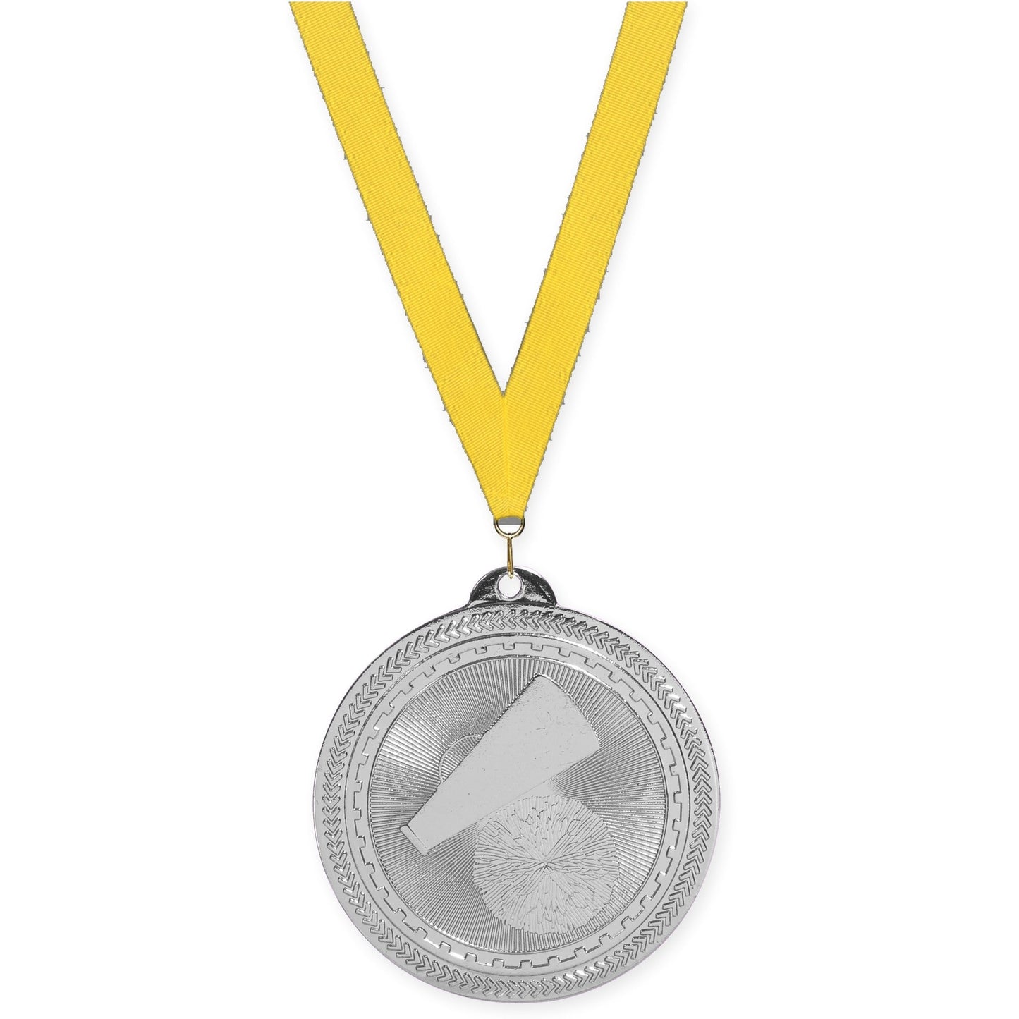2 inch cheerleading Sunburst medal in bright silver with Yellow neck ribbon