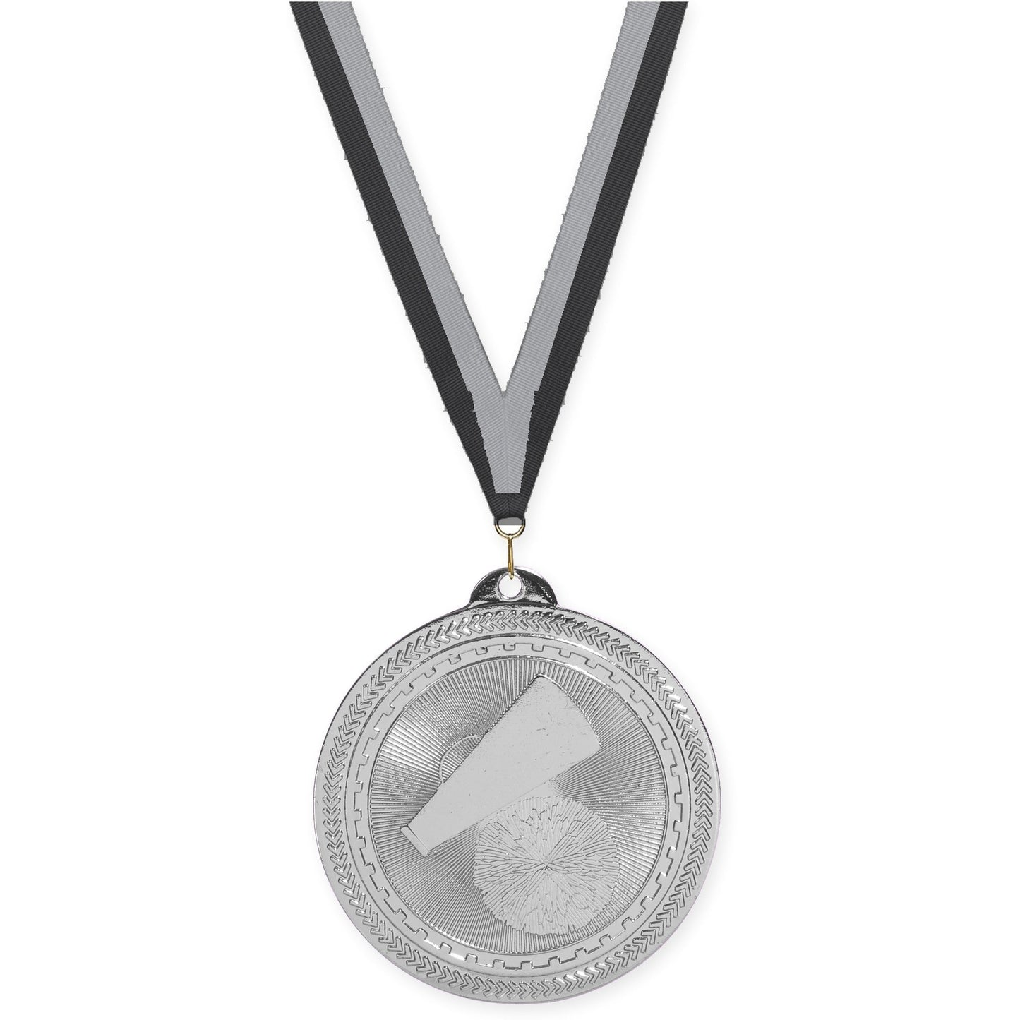 2 inch cheerleading Sunburst medal in bright silver with Black Gray neck ribbon