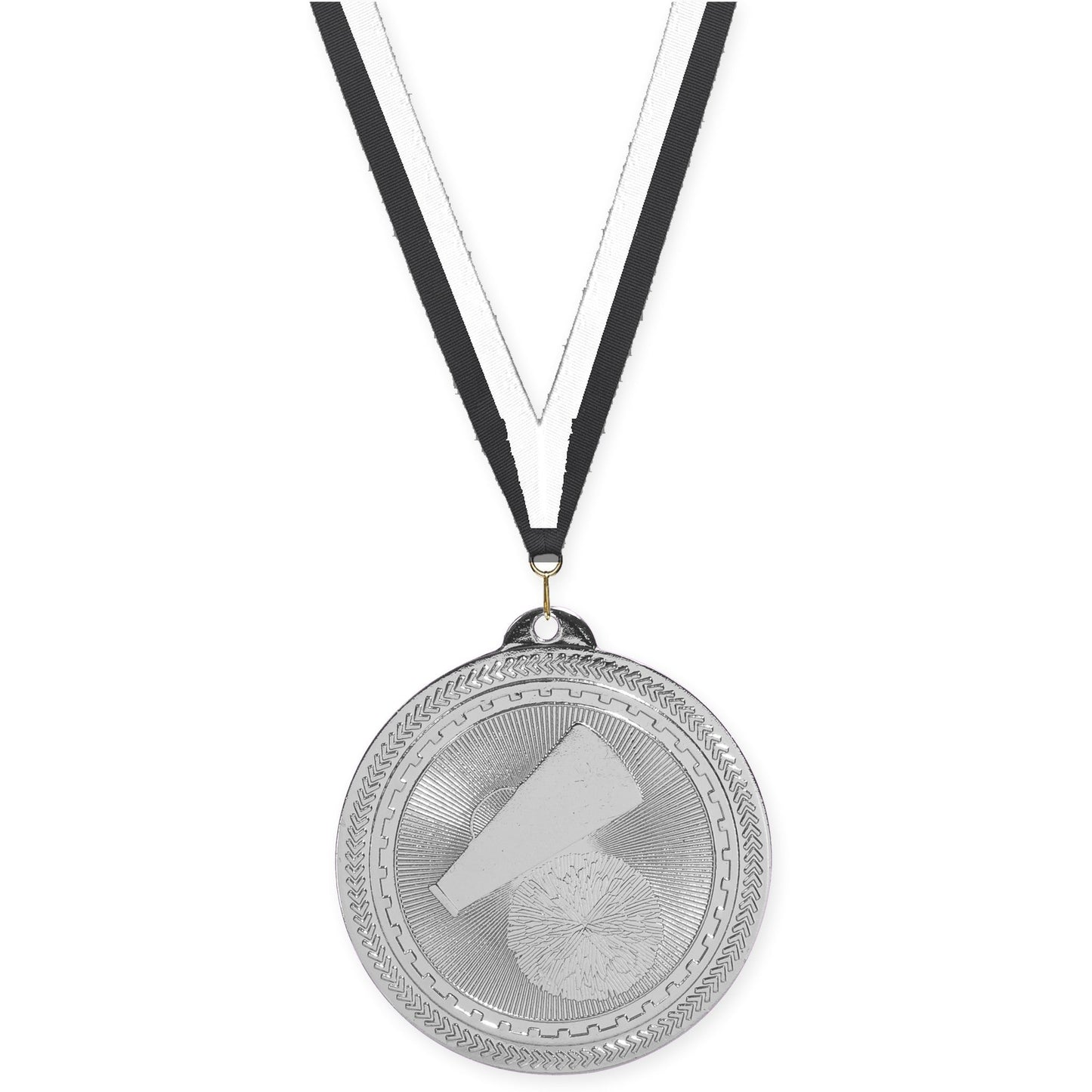 2 inch cheerleading Sunburst medal in bright silver with Black White neck ribbon