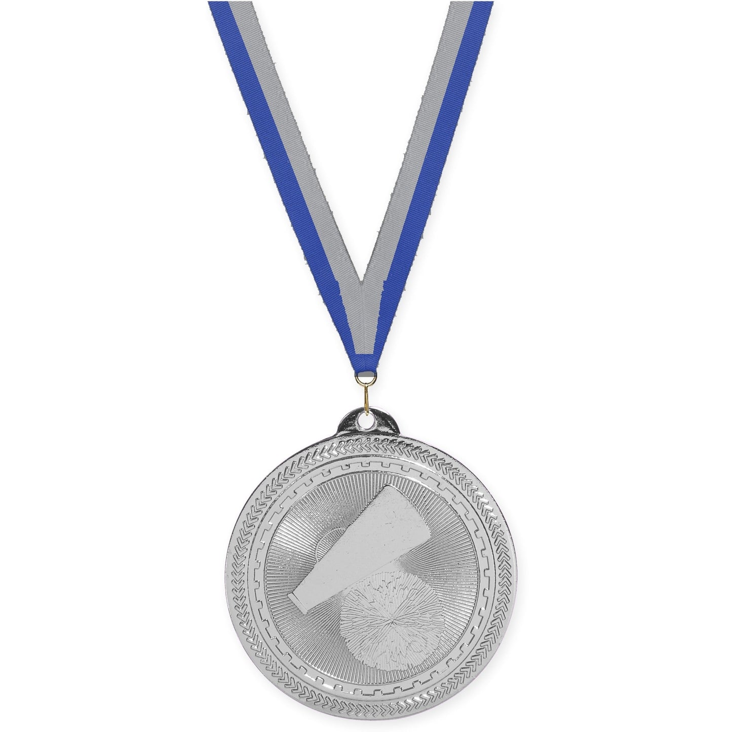 2 inch cheerleading Sunburst medal in bright silver with Blue Gray neck ribbon
