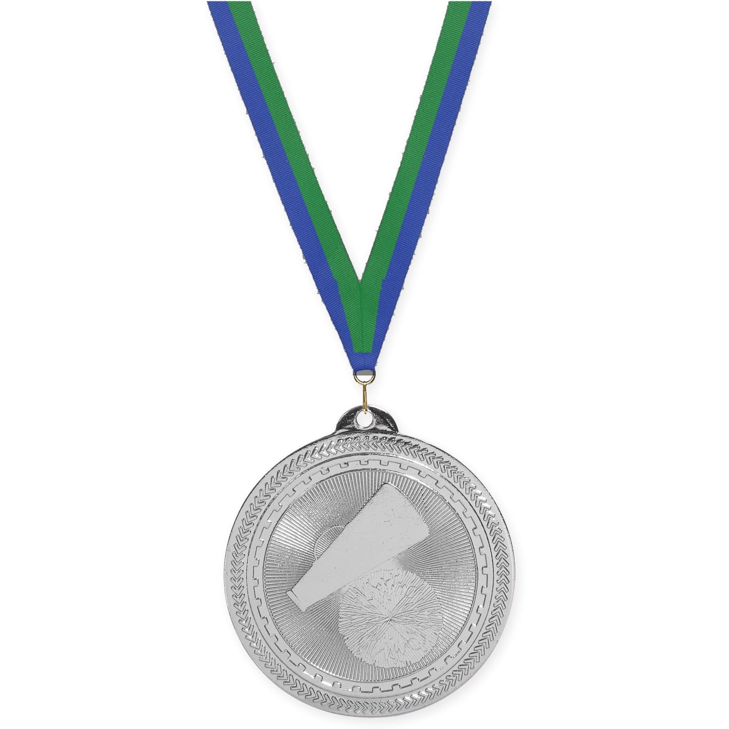 2 inch cheerleading Sunburst medal in bright silver with Blue Green neck ribbon