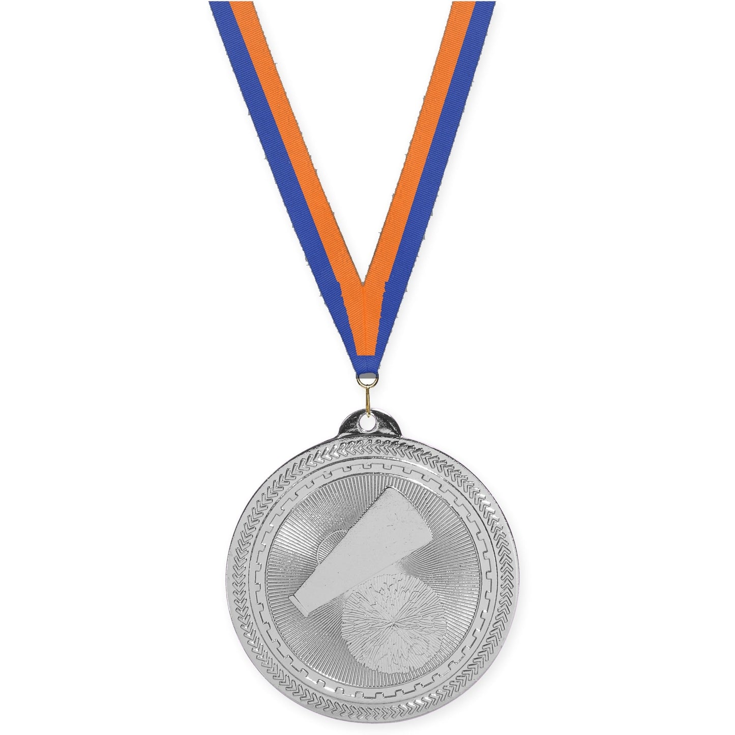 2 inch cheerleading Sunburst medal in bright silver with Blue Orange neck ribbon
