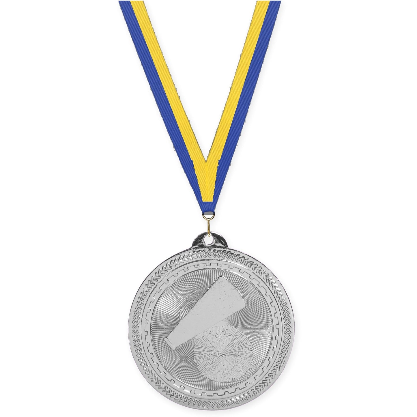 2 inch cheerleading Sunburst medal in bright silver with Blue Yellow neck ribbon