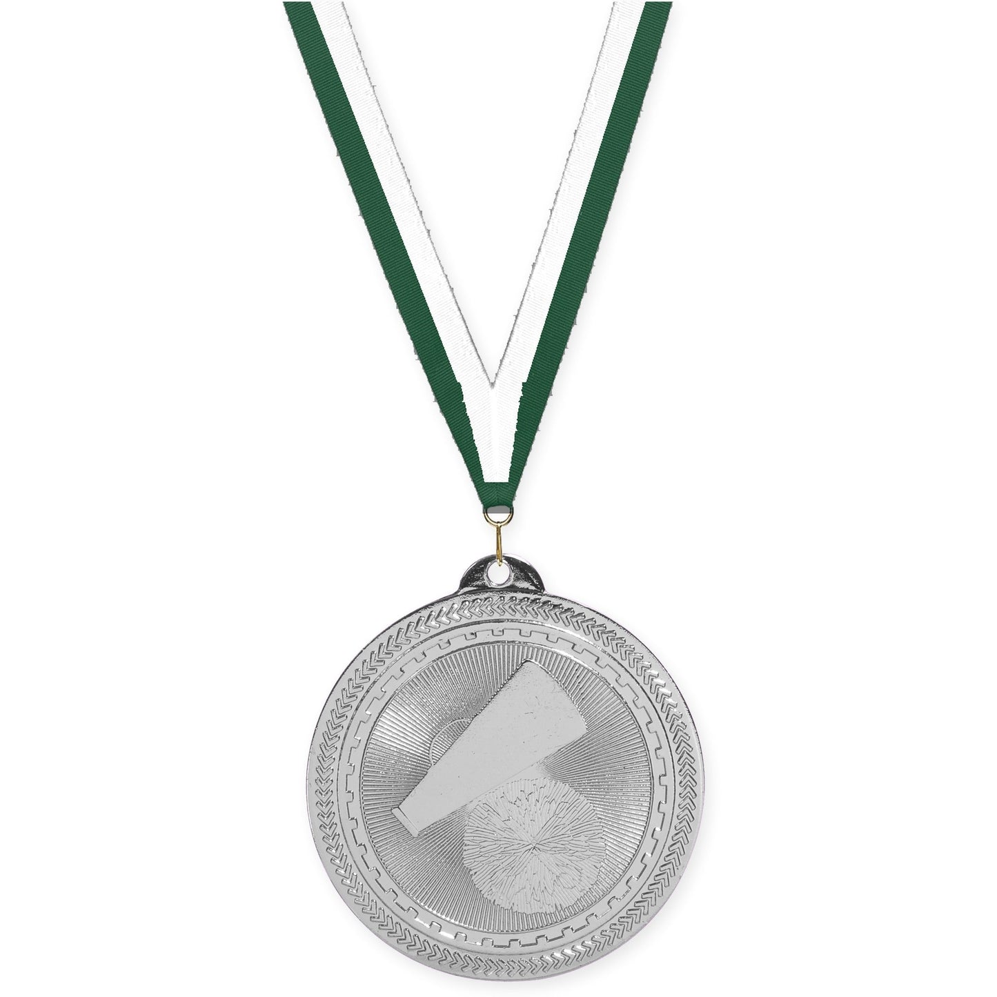 2 inch cheerleading Sunburst medal in bright silver with Hunter Green White neck ribbon