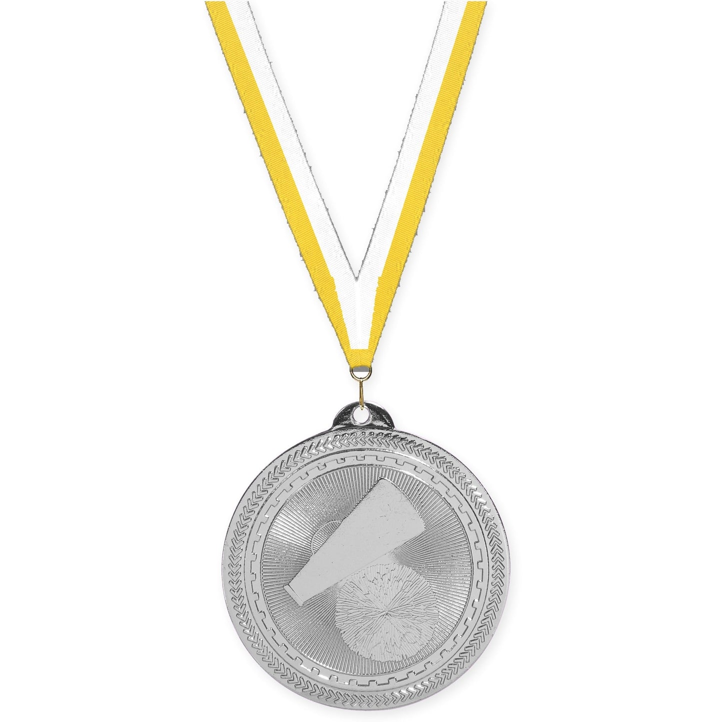 2 inch cheerleading Sunburst medal in bright silver with Yellow White neck ribbon