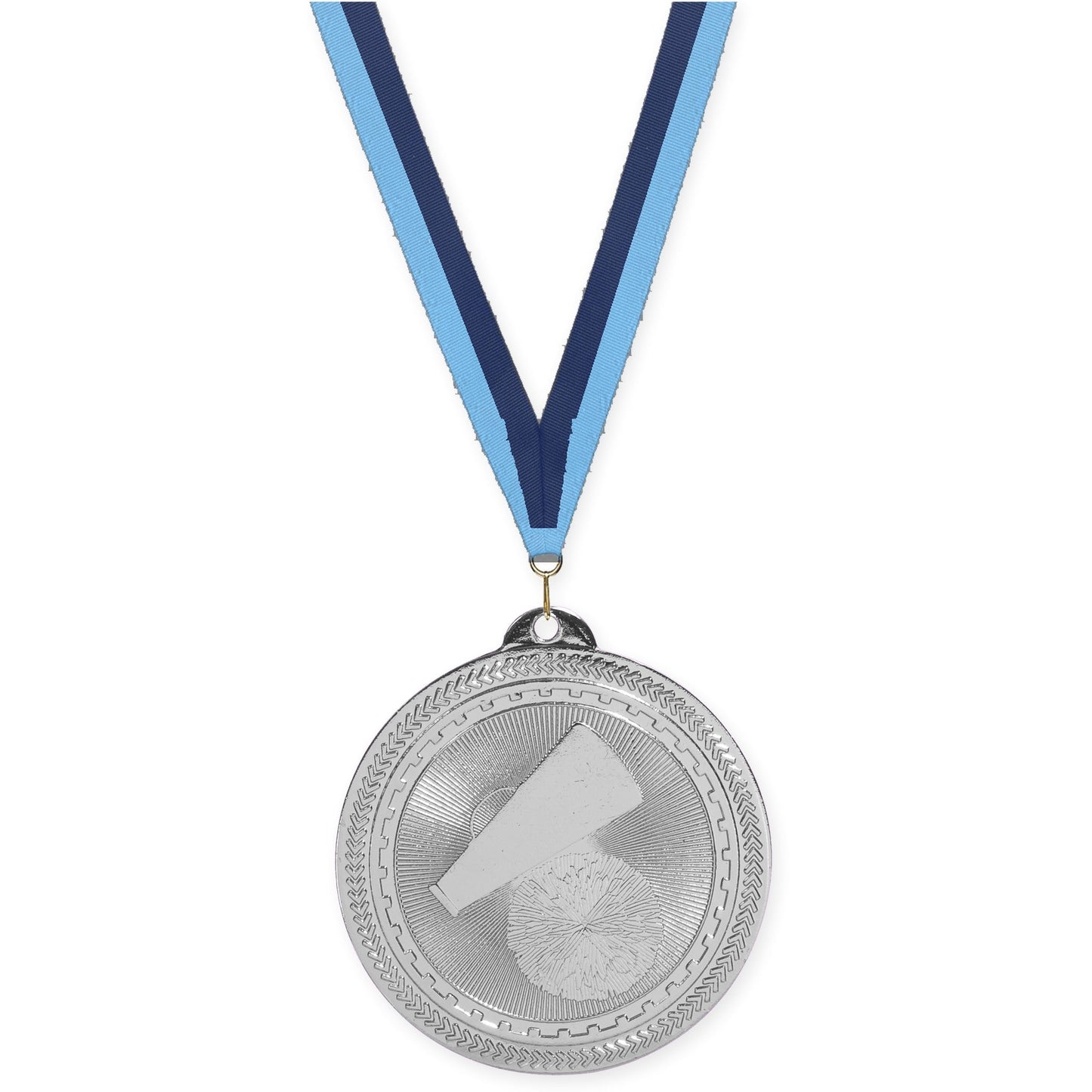 2 inch cheerleading Sunburst medal in bright silver with Light Blue Navy neck ribbon