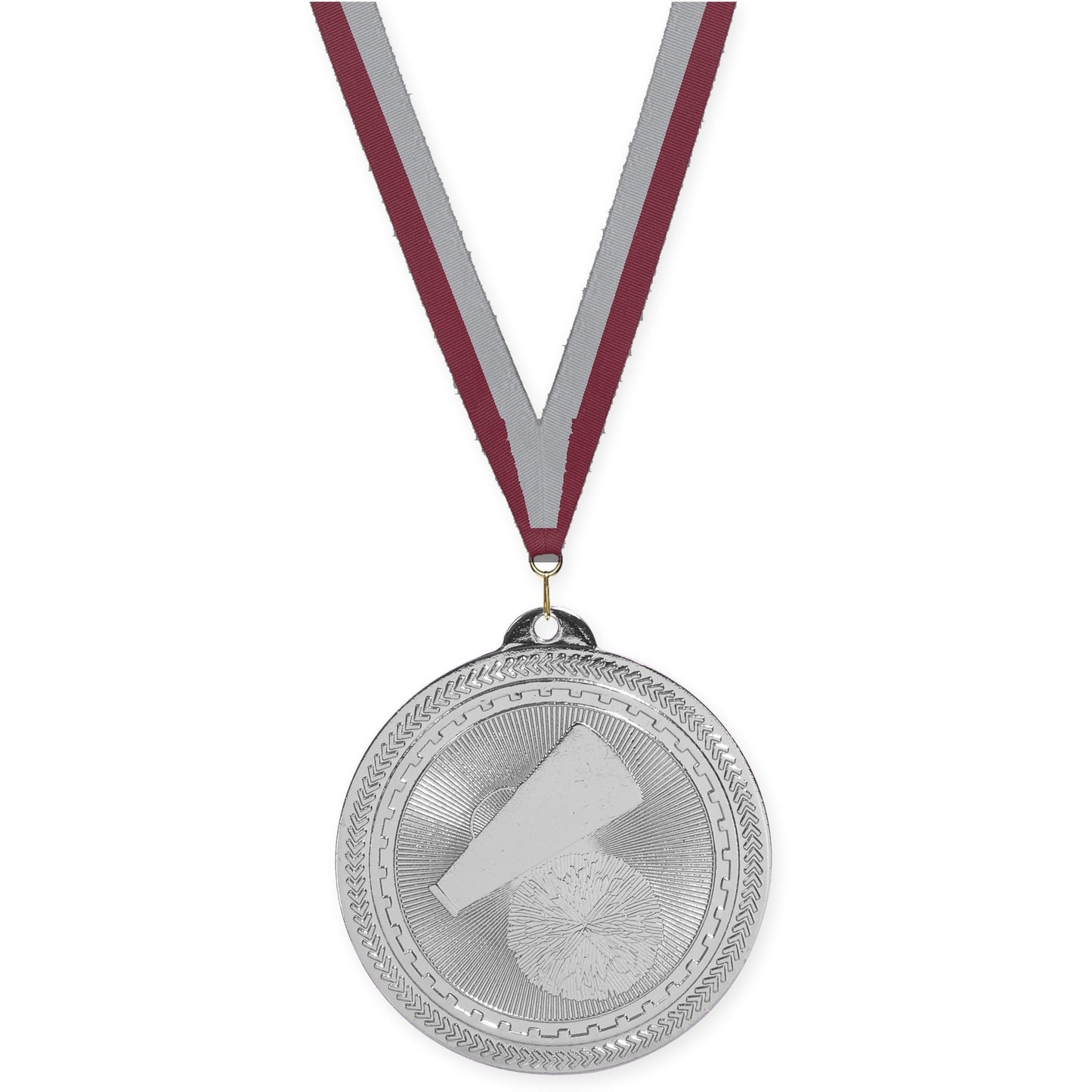 2 inch cheerleading Sunburst medal in bright silver with Maroon Gray neck ribbon