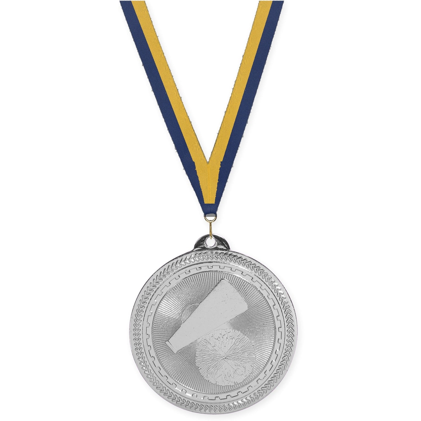 2 inch cheerleading Sunburst medal in bright silver with Navy Gold neck ribbon