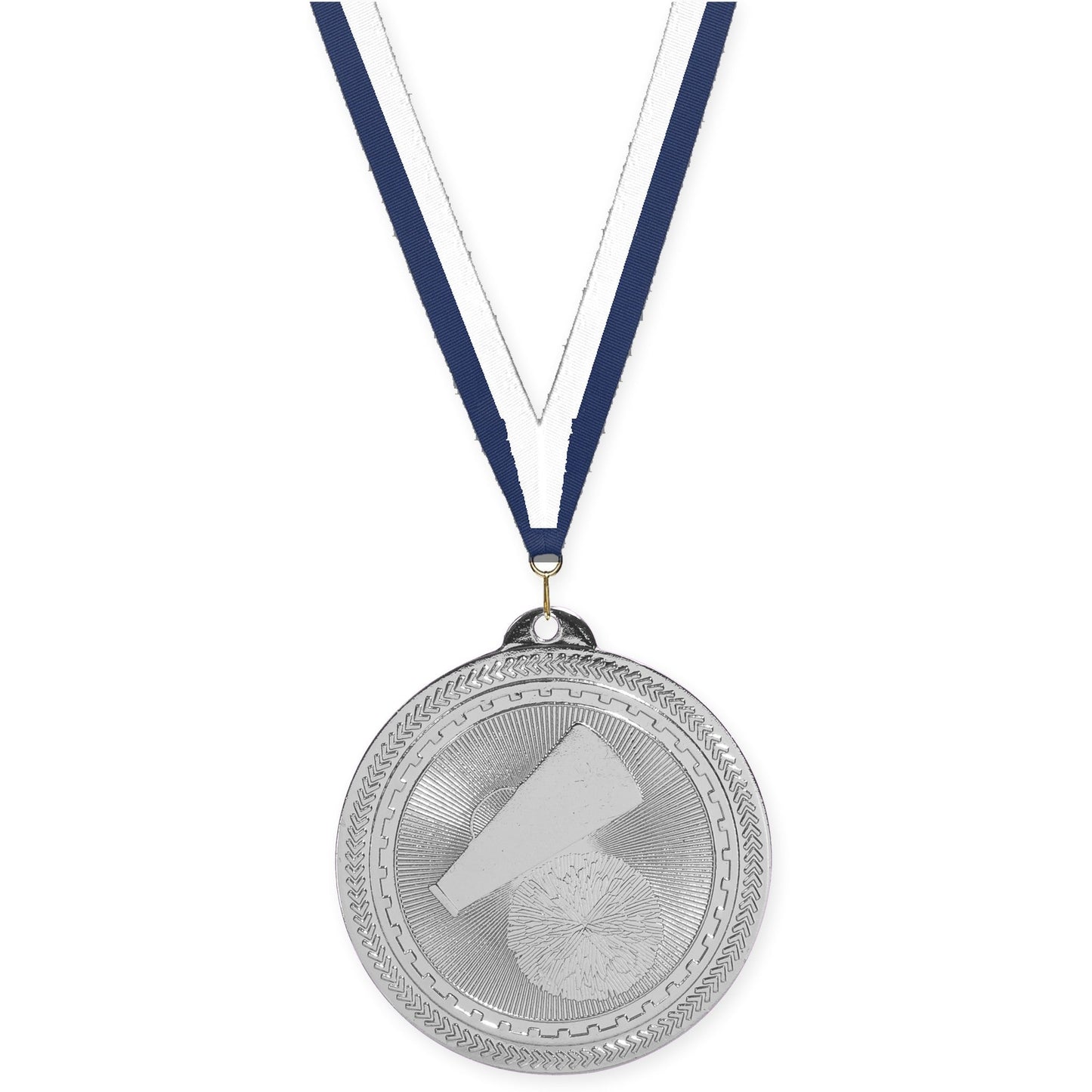 2 inch cheerleading Sunburst medal in bright silver with Navy White neck ribbon