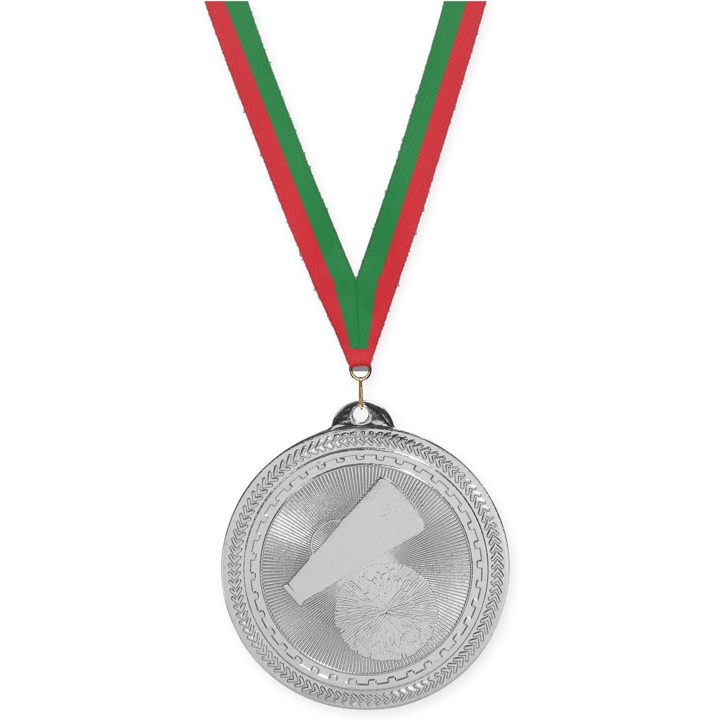 2 inch cheerleading Sunburst medal in bright silver with Red Green neck ribbon