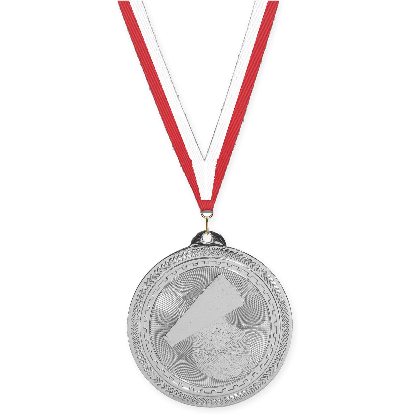 2 inch cheerleading Sunburst medal in bright silver with Red White neck ribbon