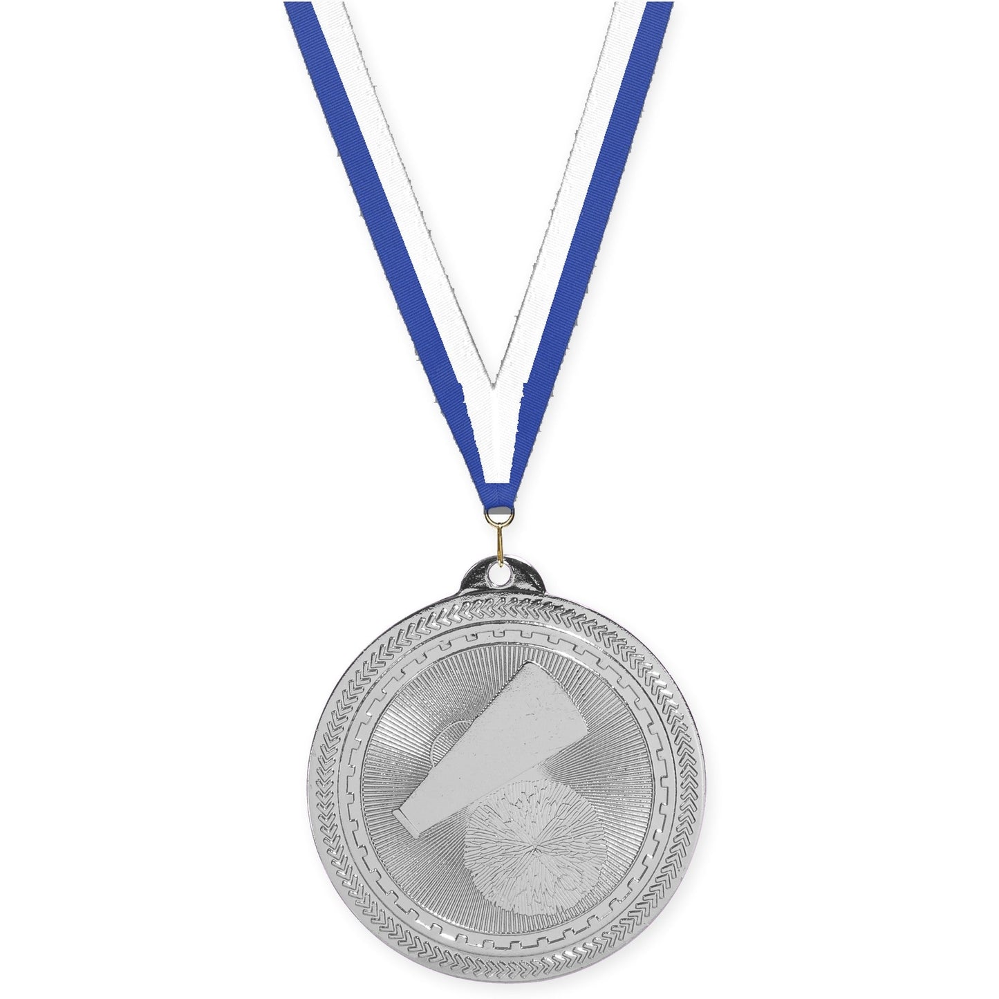 2 inch cheerleading Sunburst medal in bright silver with Blue White neck ribbon