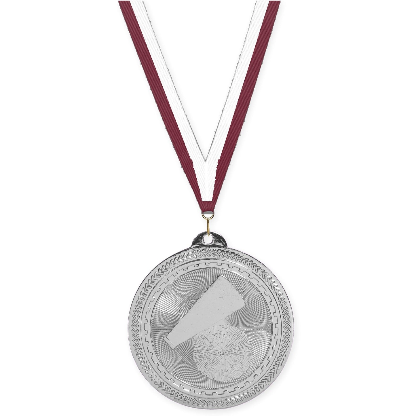 2 inch cheerleading Sunburst medal in bright silver with Maroon White neck ribbon
