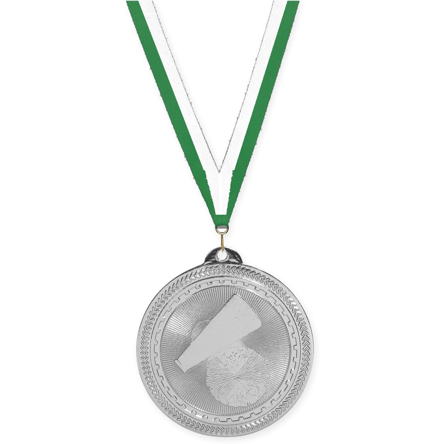 2 inch cheerleading Sunburst medal in bright silver with Green White neck ribbon