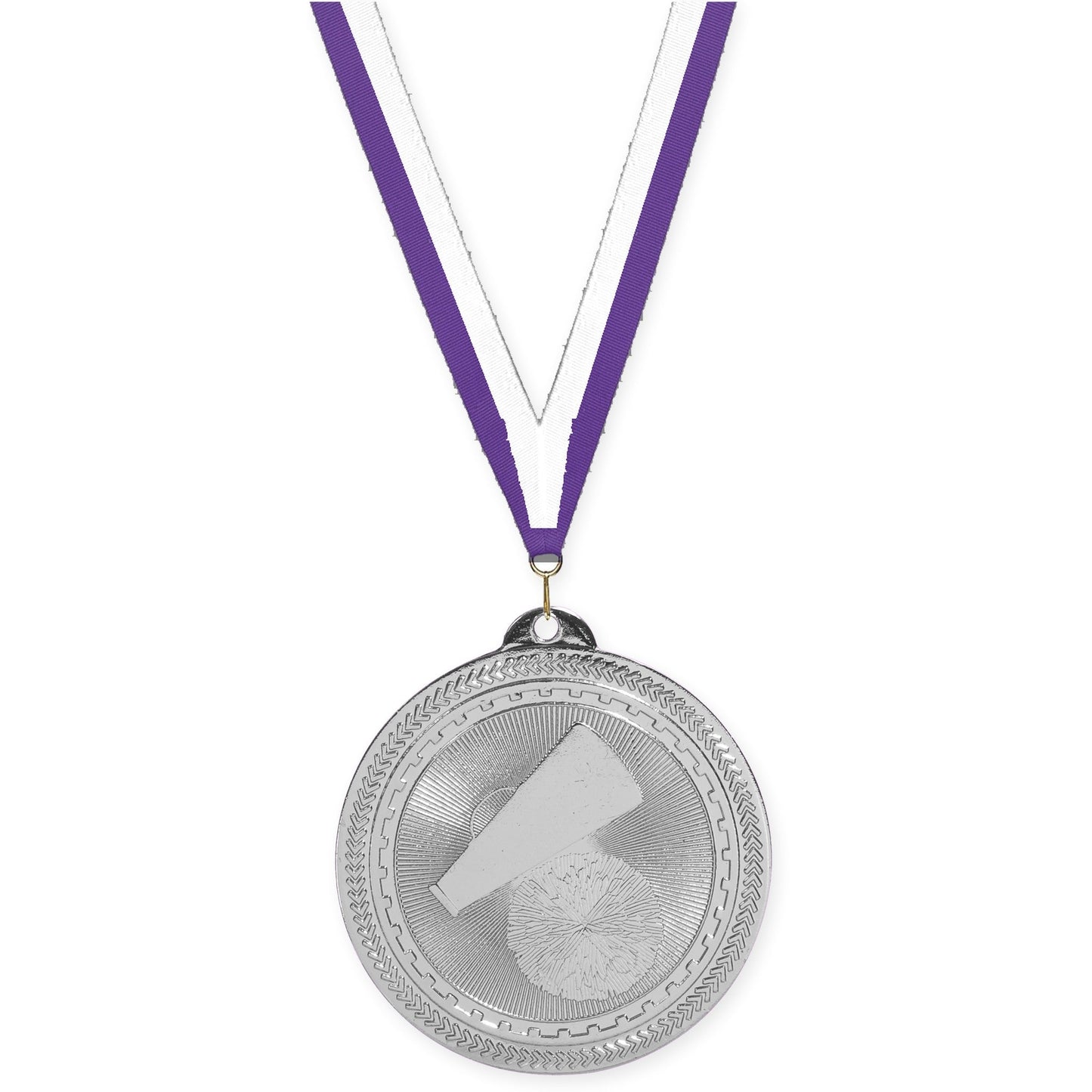 2 inch cheerleading Sunburst medal in bright silver with Purple White neck ribbon