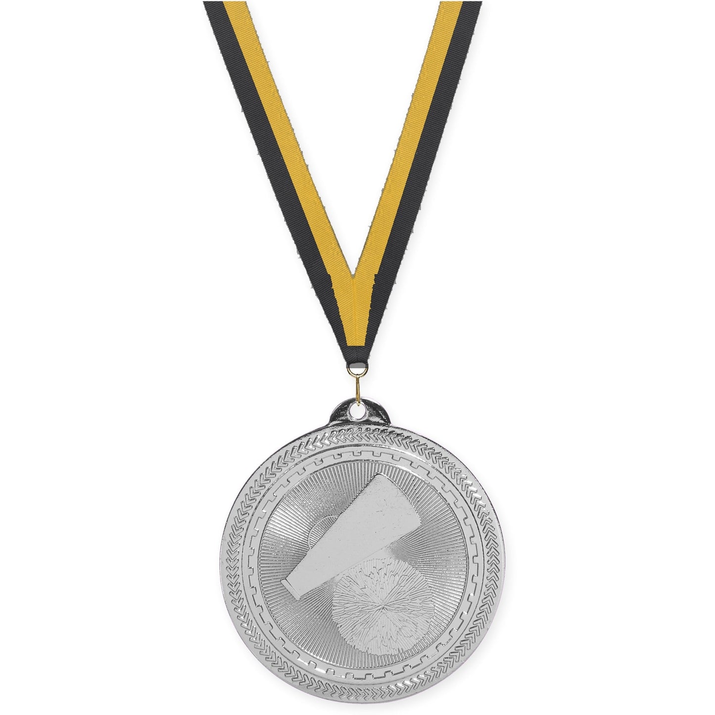 2 inch cheerleading Sunburst medal in bright silver with Black Gold neck ribbon