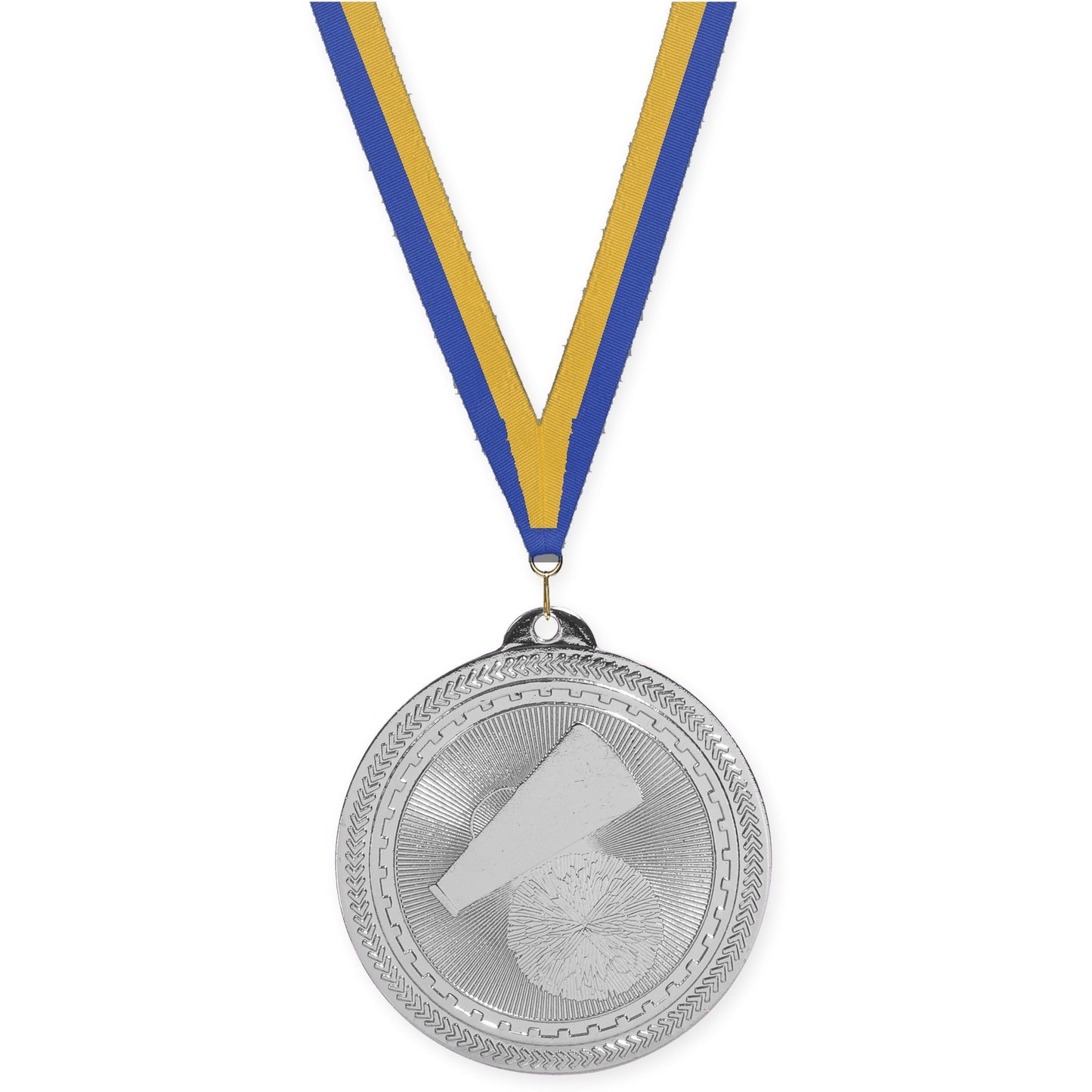 2 inch cheerleading Sunburst medal in bright silver with Blue Gold neck ribbon