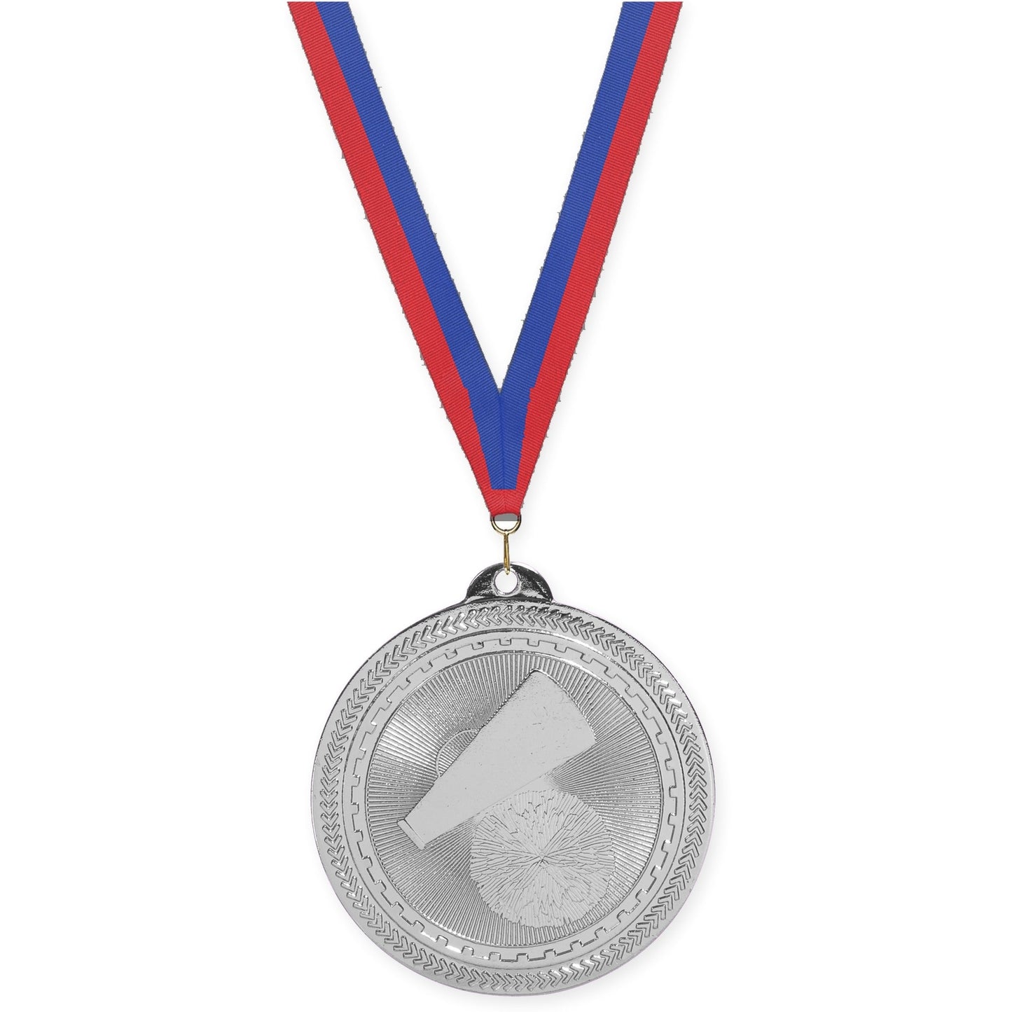 2 inch cheerleading Sunburst medal in bright silver with Blue Red neck ribbon