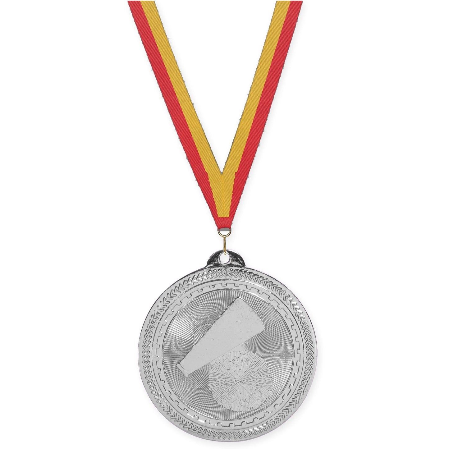 2 inch cheerleading Sunburst medal in bright silver with Red Gold neck ribbon