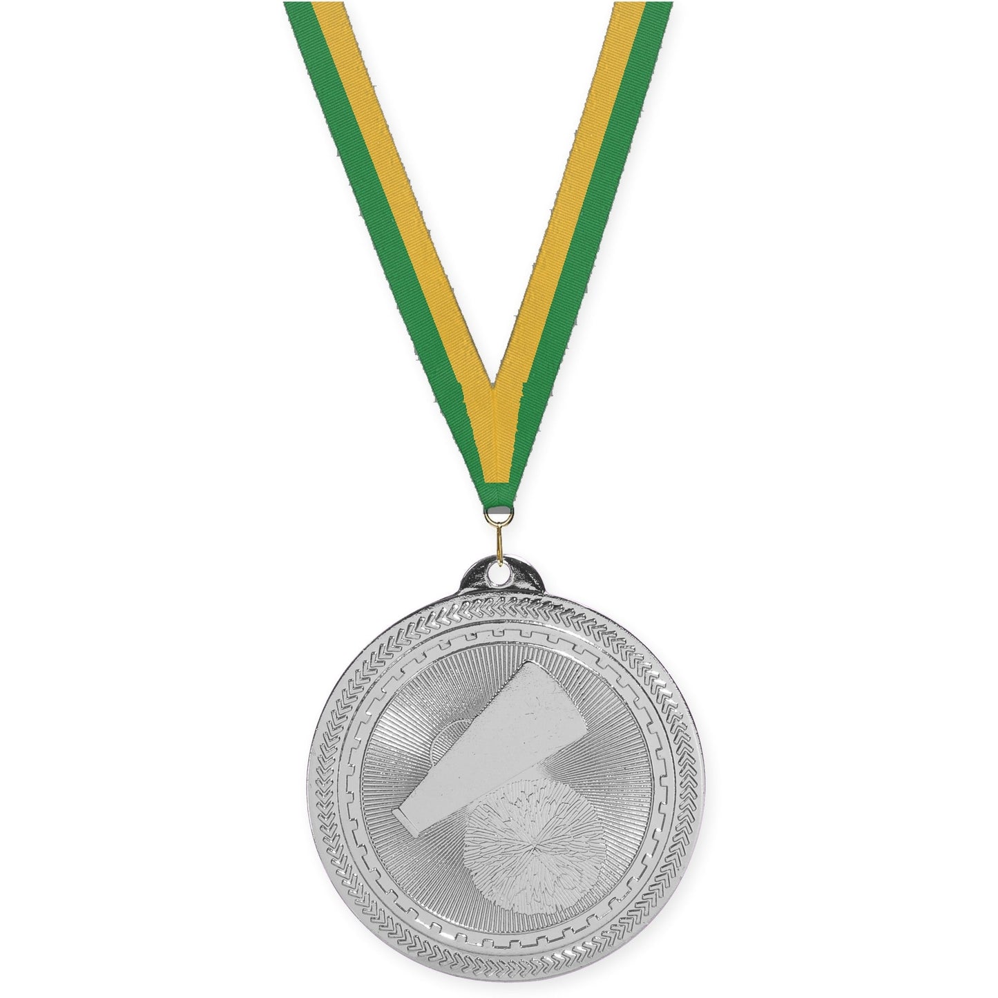 2 inch cheerleading Sunburst medal in bright silver with Green Gold neck ribbon