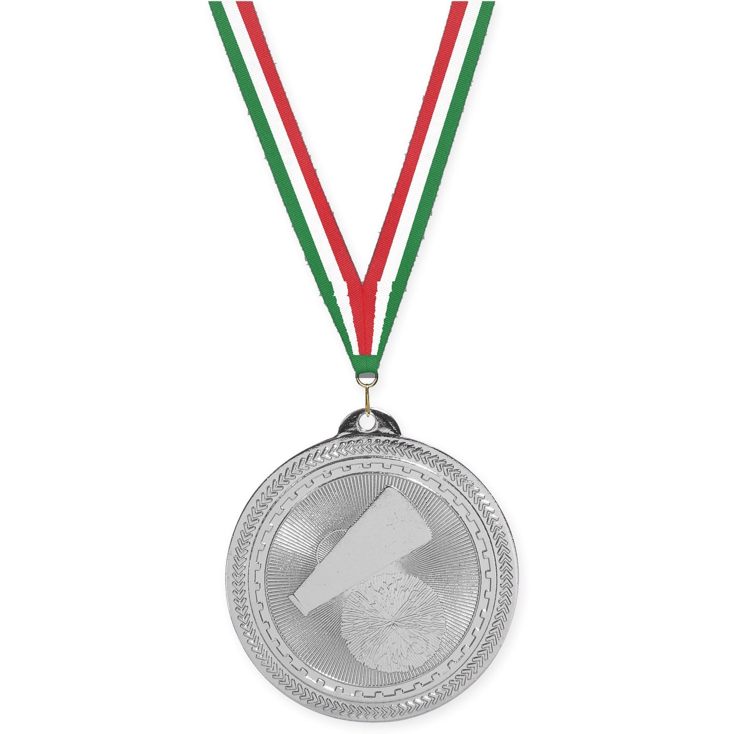 2 inch cheerleading Sunburst medal in bright silver with Green White Red neck ribbon