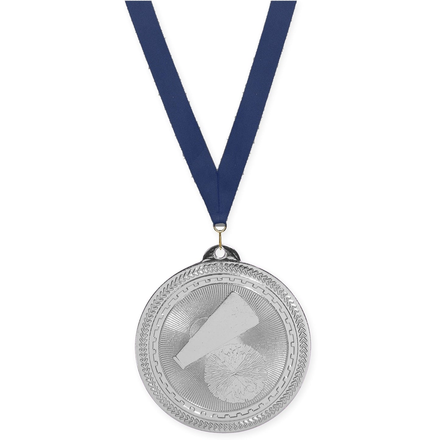 2 inch cheerleading Sunburst medal in bright silver with Navy neck ribbon