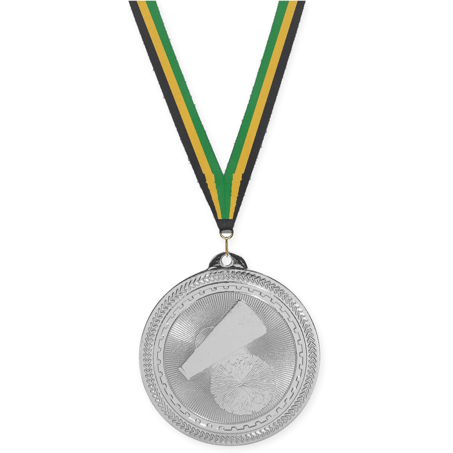 2 inch cheerleading Sunburst medal in bright silver with Black Gold Green neck ribbon