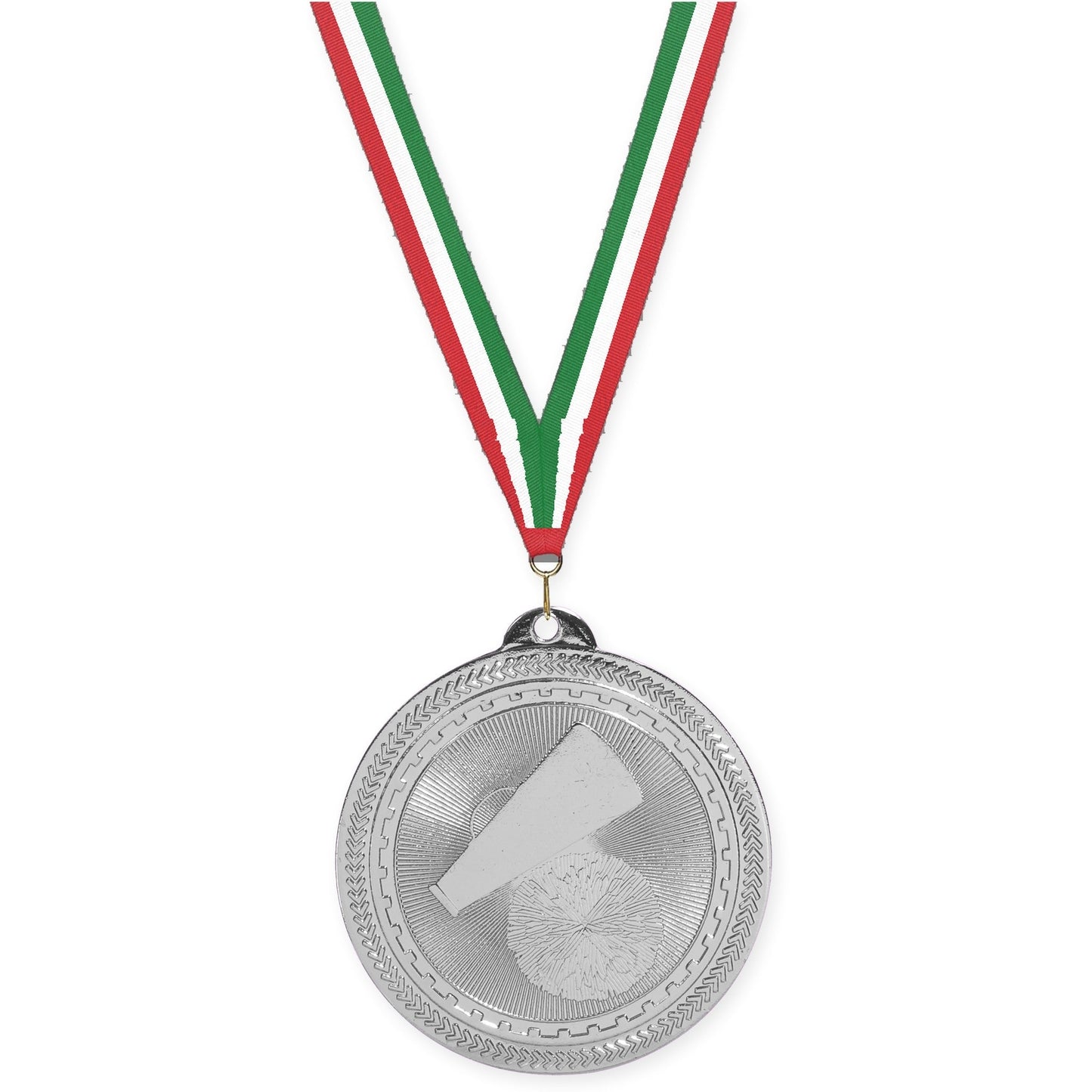 2 inch cheerleading Sunburst medal in bright silver with Red White Green neck ribbon